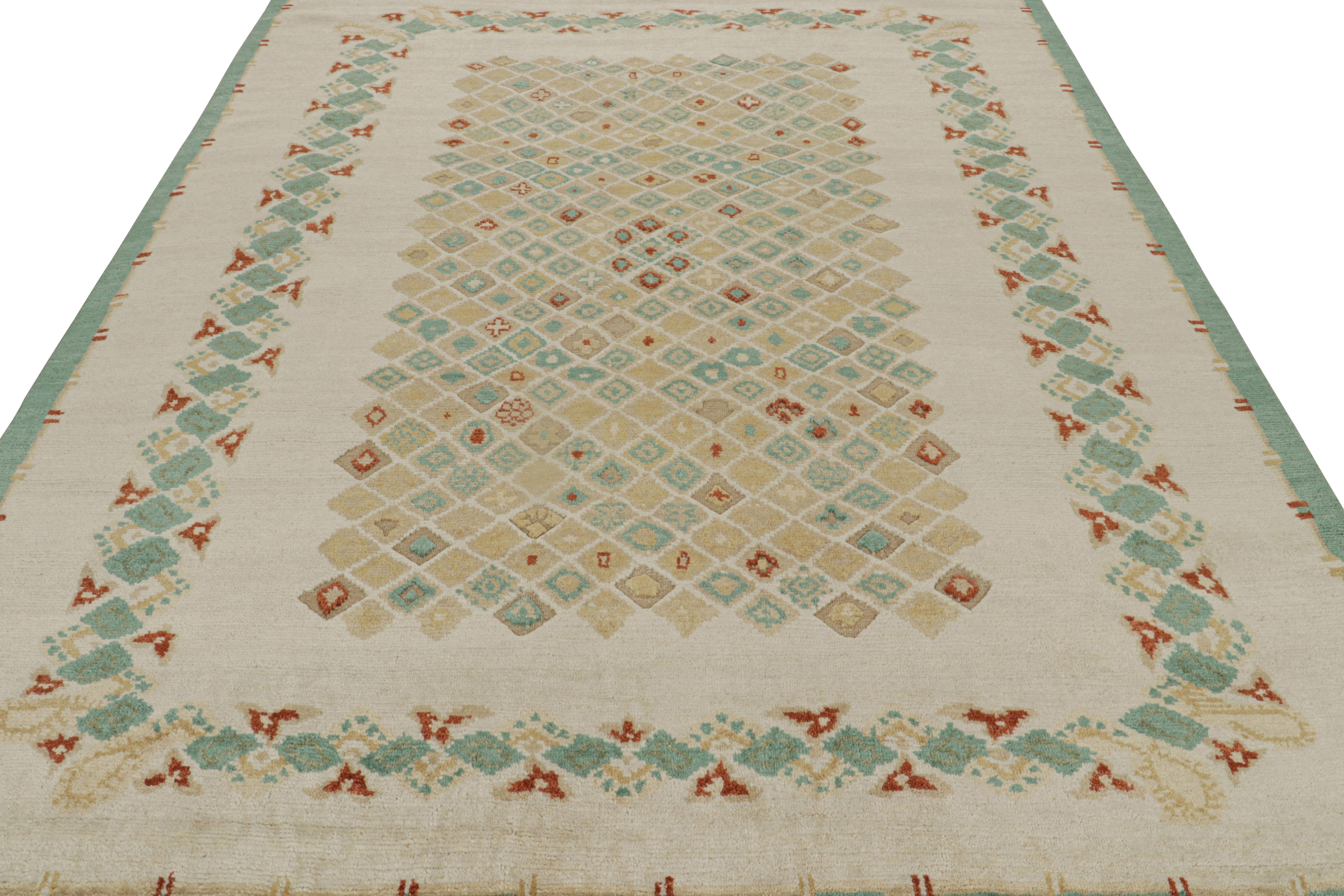 Scandinave moderne Rug & Kilim's French Art Deco Rug in Beige-Brown & Blue Geometric Pattern (tapis de style Art déco français à motifs géométriques beige, marron et bleu) en vente