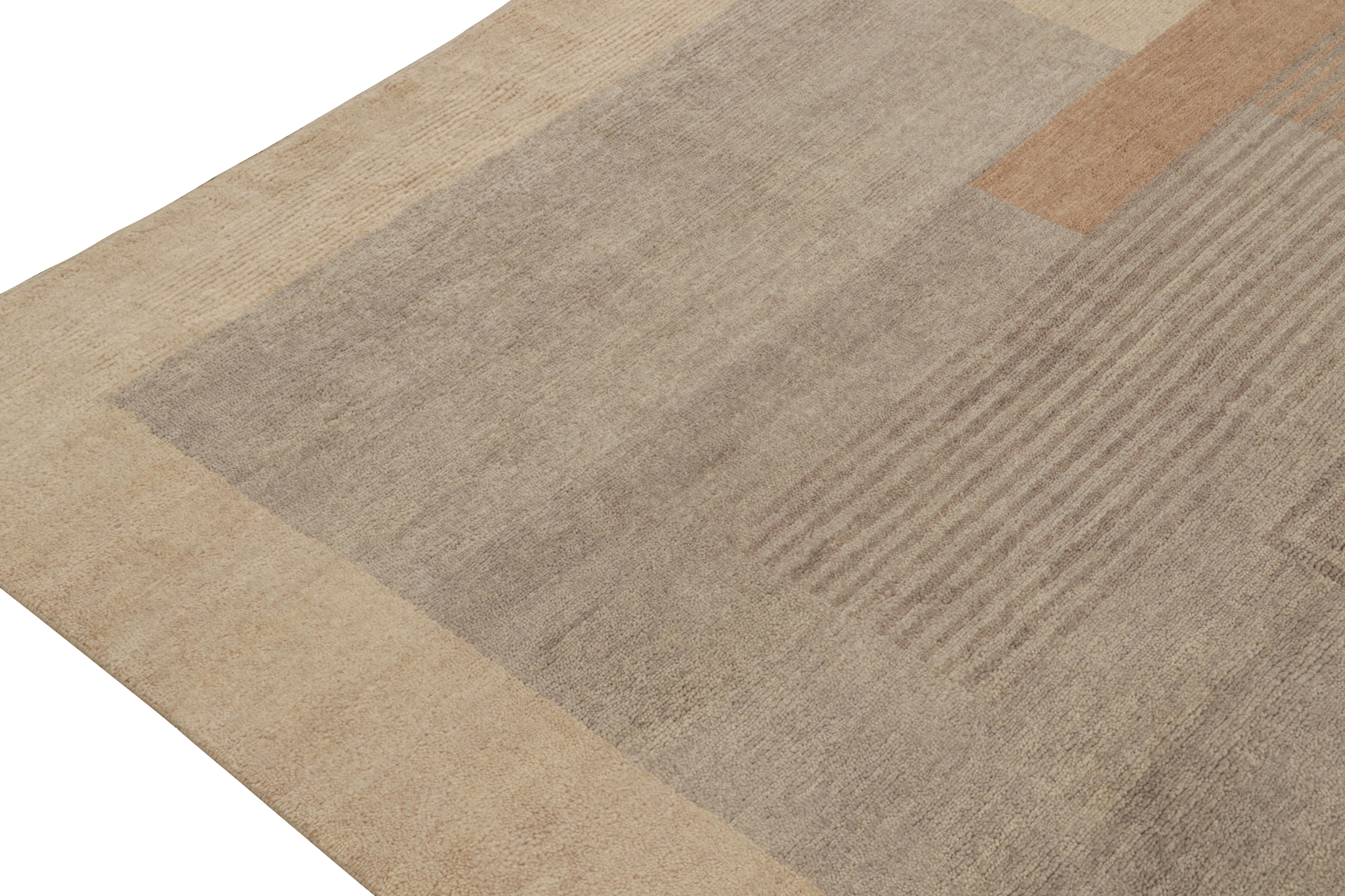 Indian Rug & Kilim’s French Art Deco Style Rug in Beige-Brown & Grey Geometric Pattern For Sale