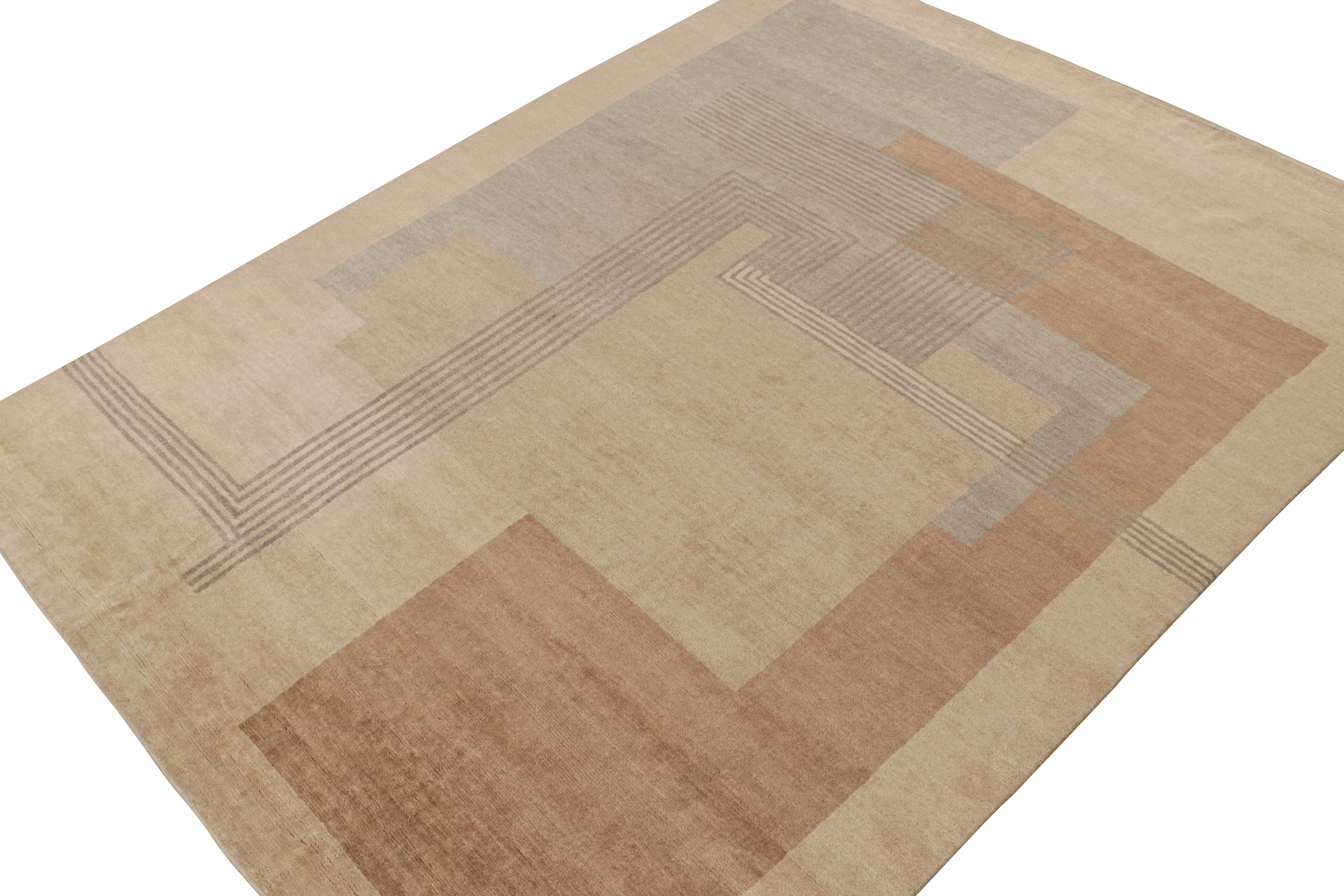 Hand-Woven Rug & Kilim’s French Art Deco Style Rug in Beige-Brown & Grey Geometric Pattern For Sale
