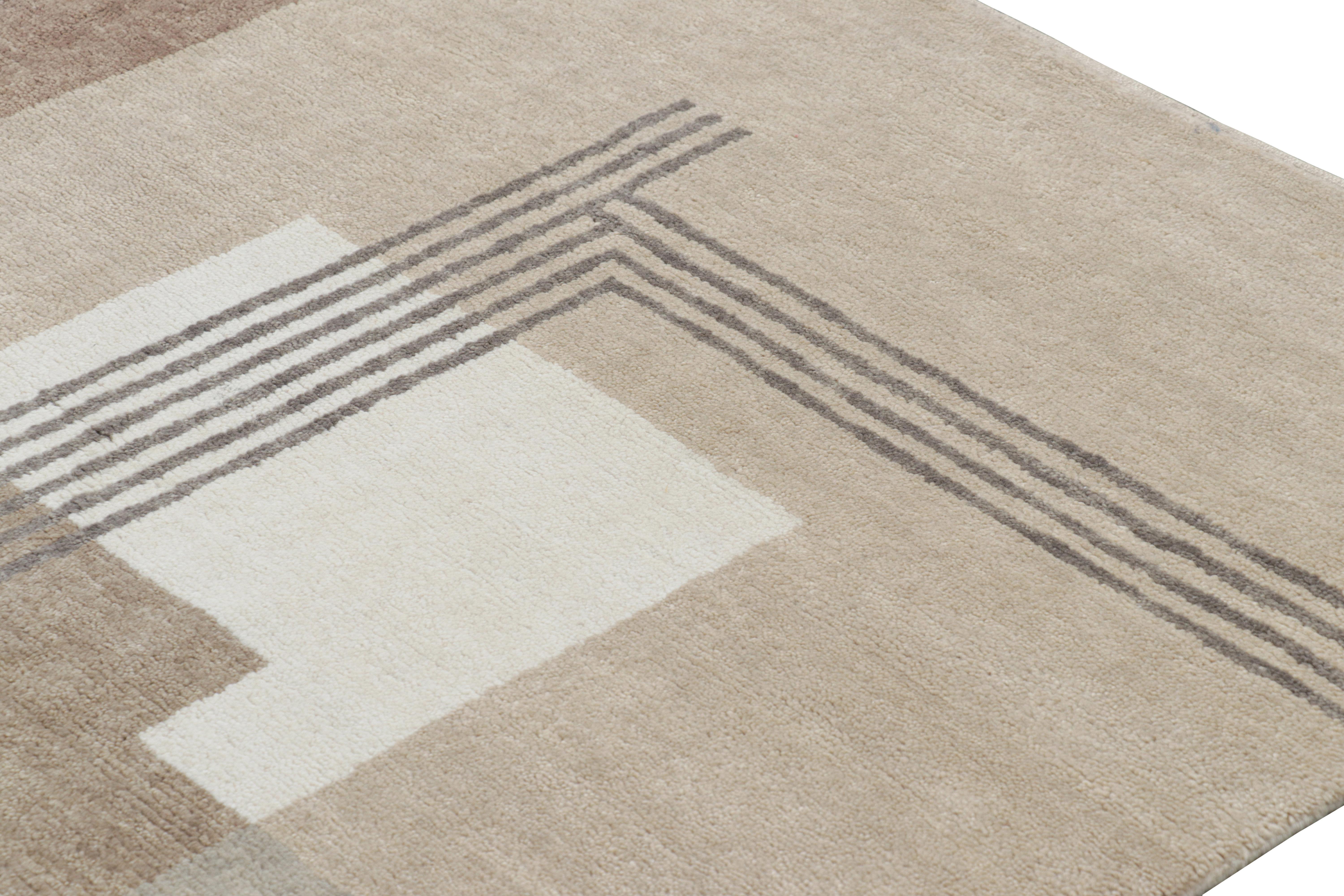 Indian Rug & Kilim’s French Art Deco Style Rug in Beige-Brown & Gray Geometric Patterns For Sale
