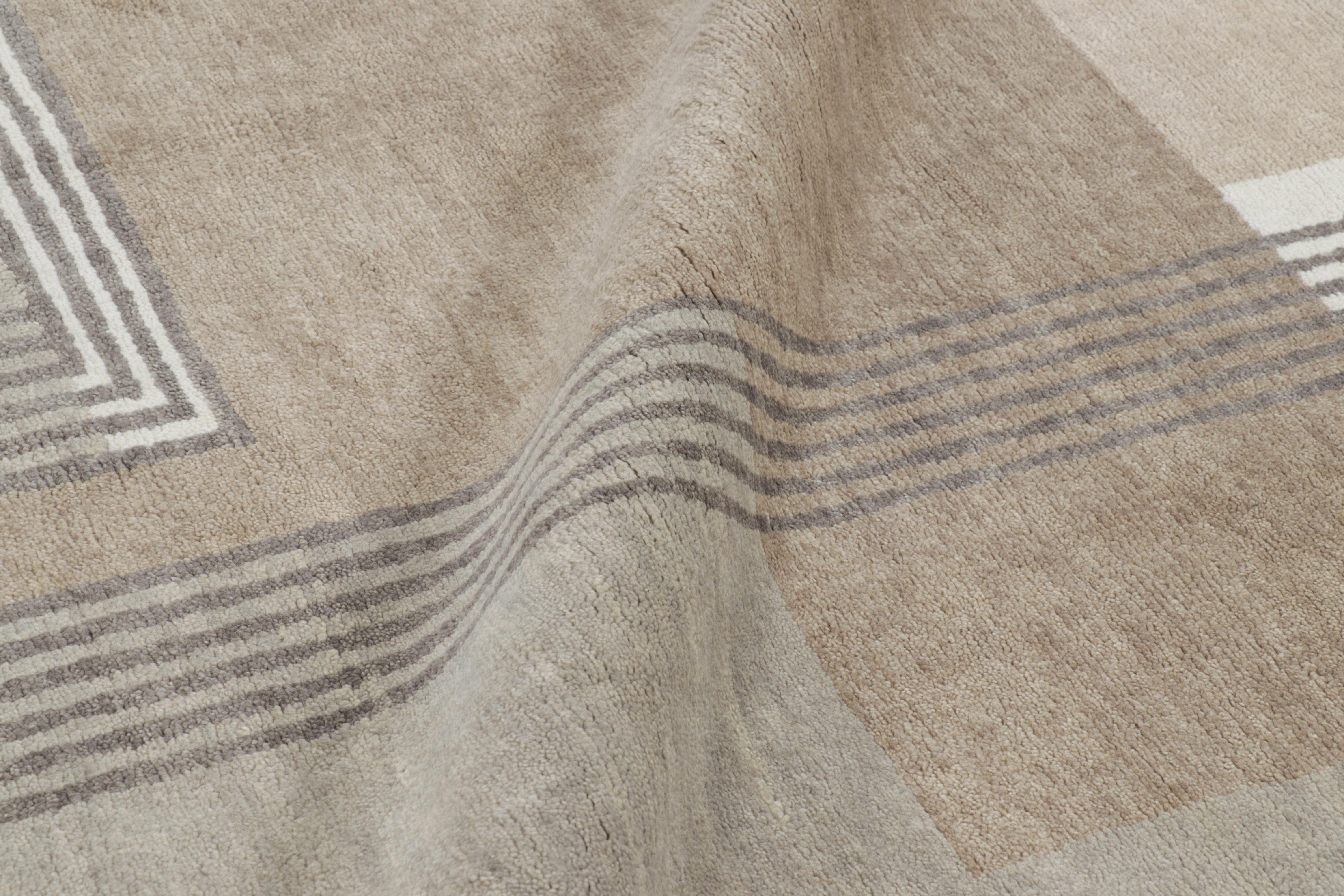 Wool Rug & Kilim’s French Art Deco Style Rug in Beige-Brown & Gray Geometric Patterns For Sale