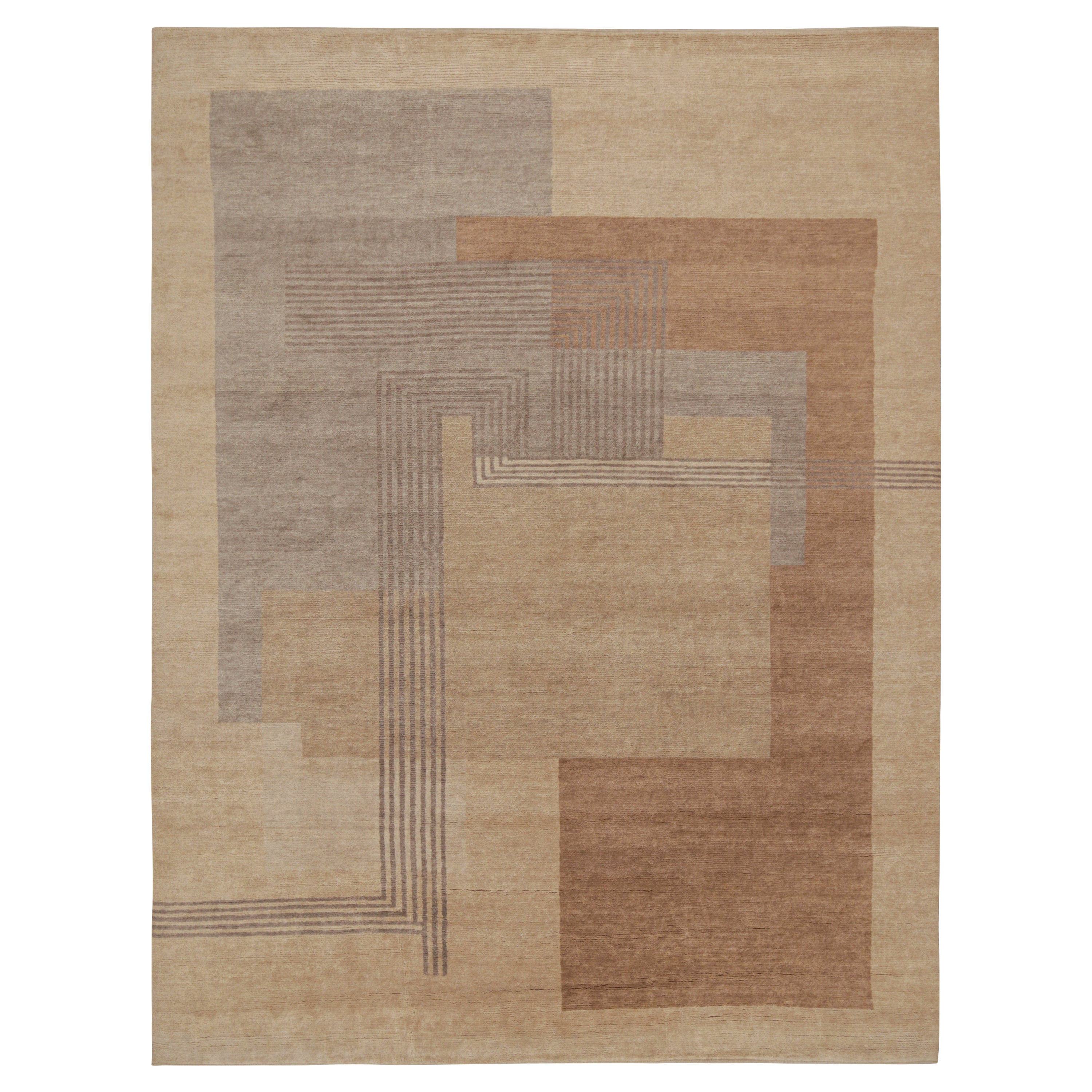 Tappeto Rug & Kilim in stile Art Deco francese con motivo geometrico beige-marrone e grigio