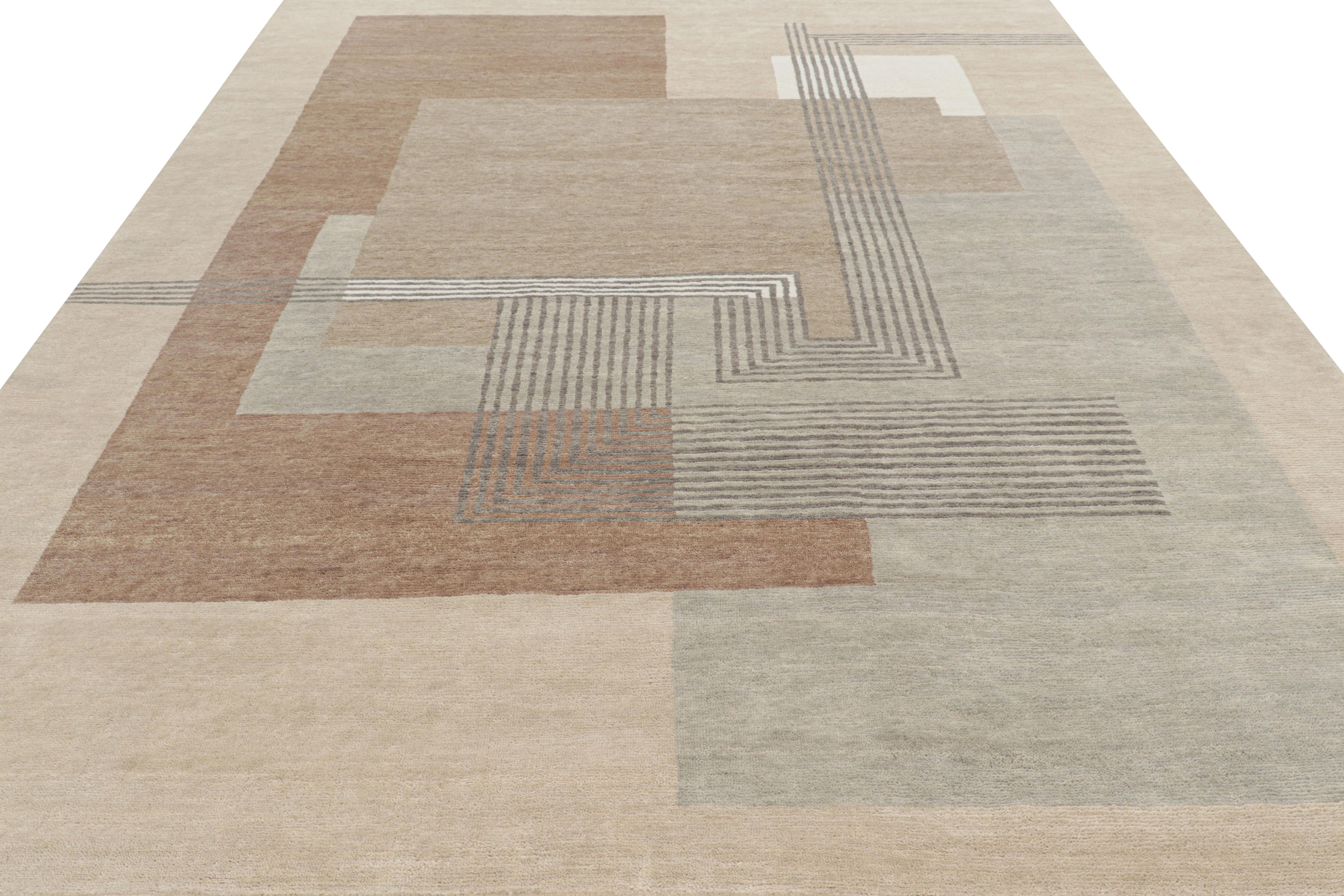 Indian Rug & Kilim’s French Art Deco Style Rug in Beige-Brown with Geometric Patterns For Sale