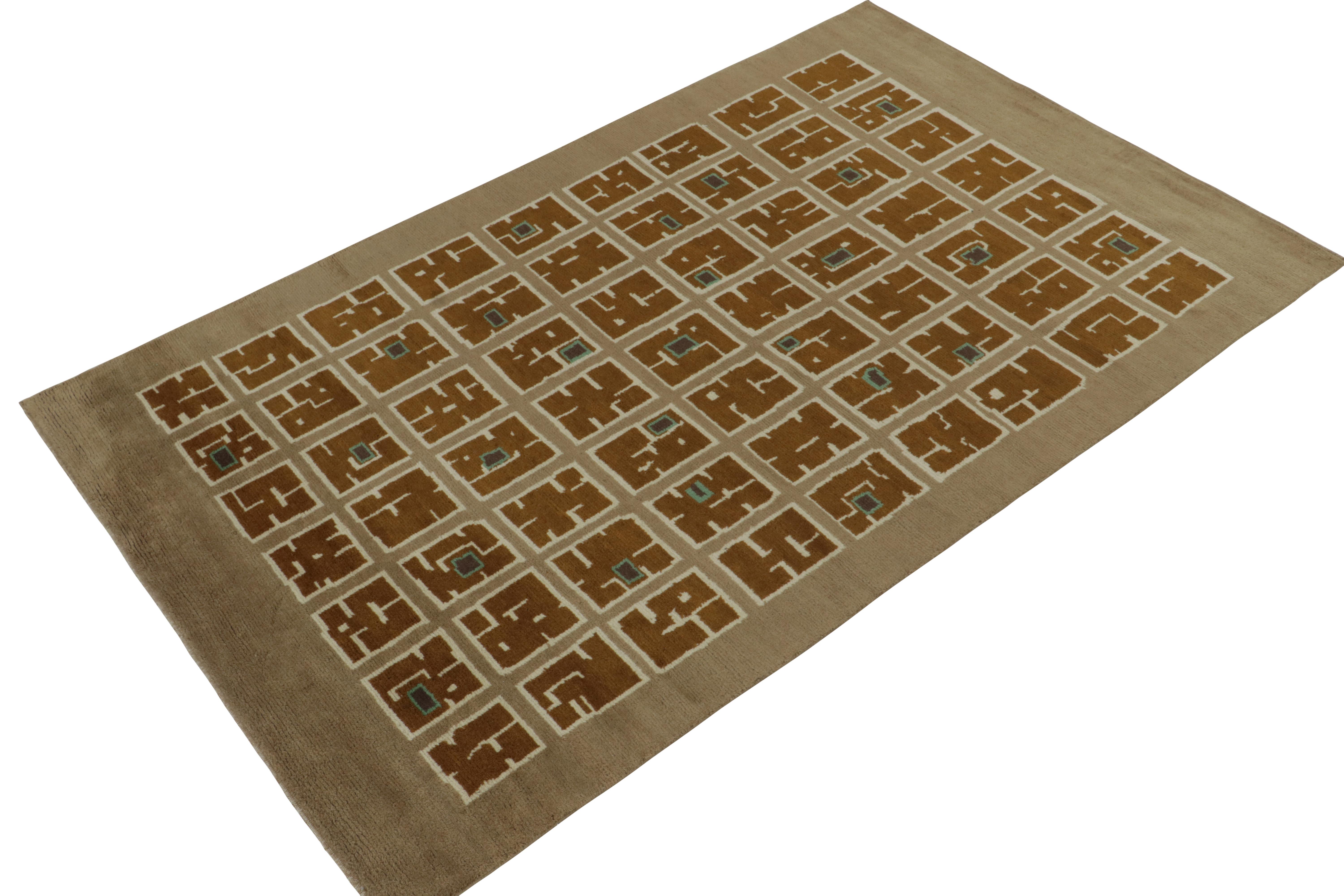 Annodato a mano in lana, un nuovo tappeto 6x10 della collezione French Collection di Rug & Kilim. 

Riprendendo lo stile art déco europeo degli anni '20, questo pezzo gode di una sensibilità minimalista e di una ricca confluenza di colori. Gli occhi