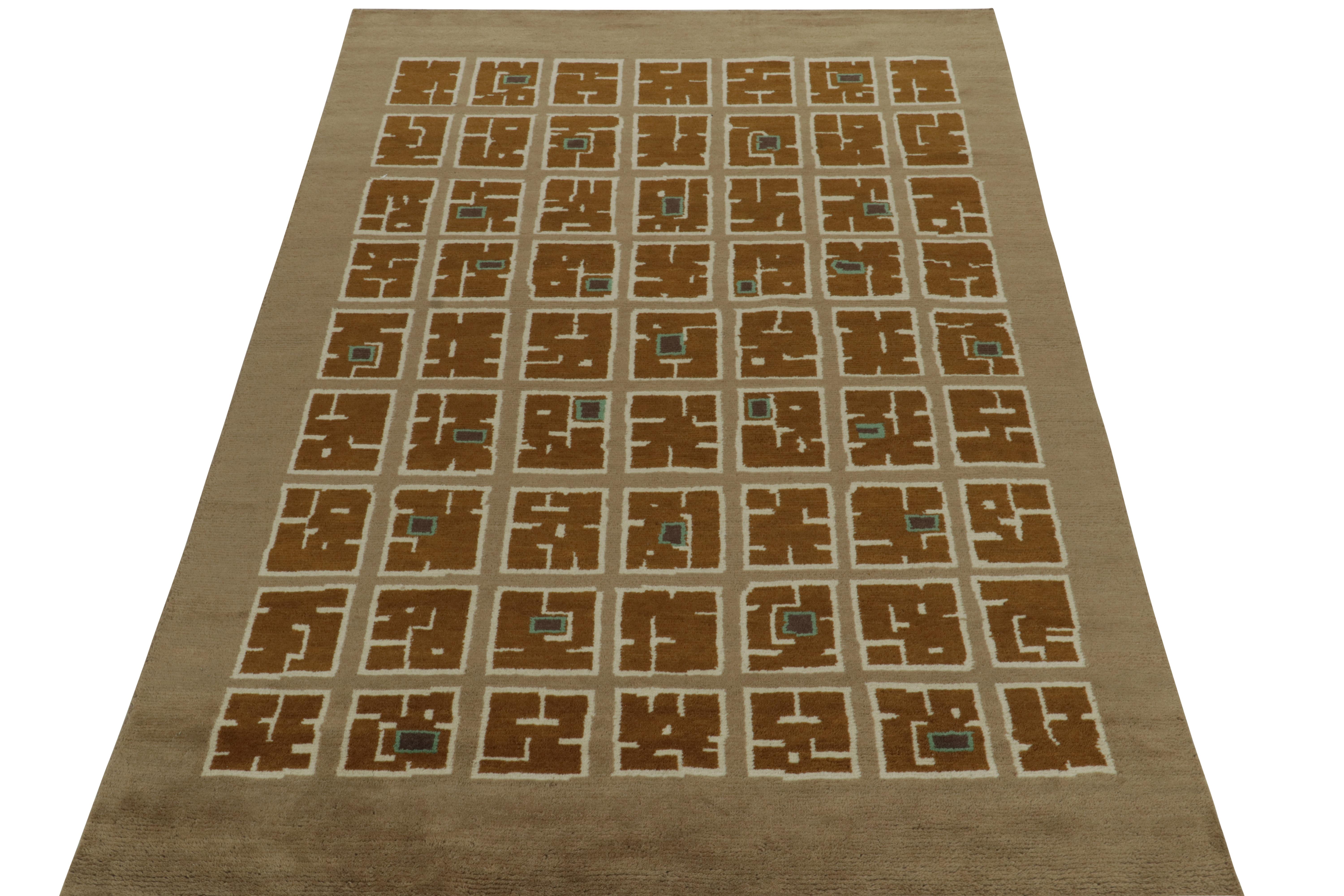 Indian Rug & Kilim’s French Art Deco Style Rug in Beige with Brown Square Patterns For Sale