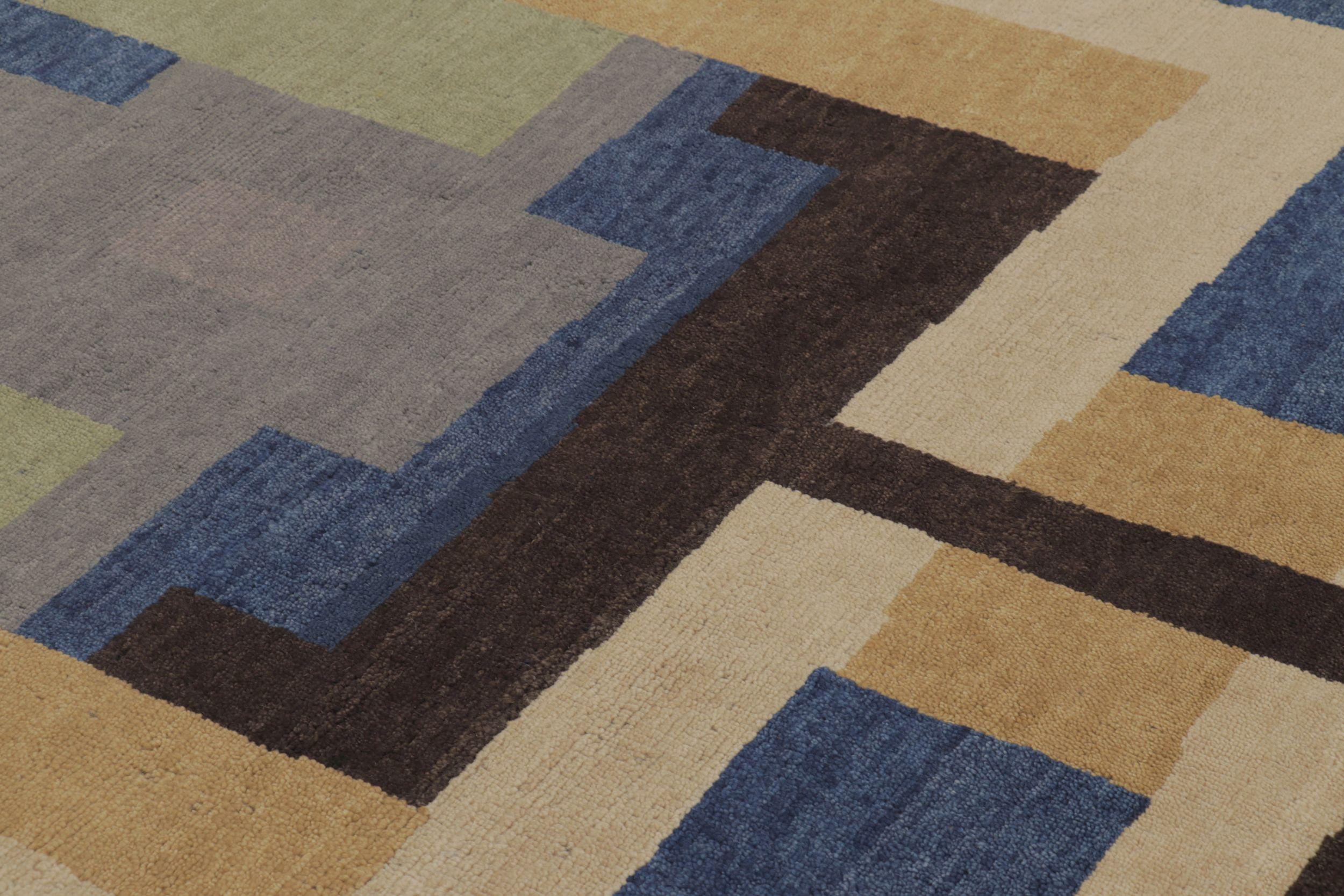 Art déco Rug & Kilim's French Art Deco Style Rug in Blue and Gray with Geometric Pattern (Tapis français de style art déco à motifs géométriques) en vente
