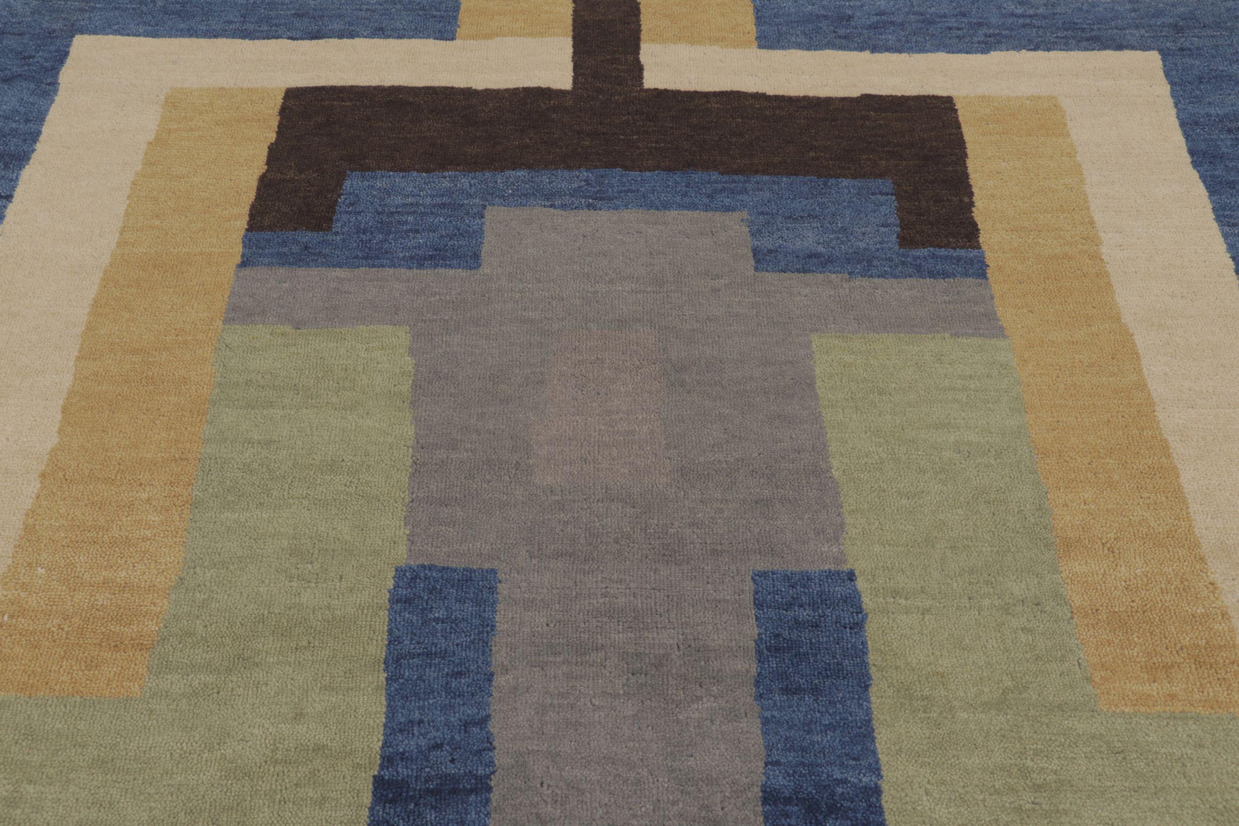 Indien Rug & Kilim's French Art Deco Style Rug in Blue and Gray with Geometric Pattern (Tapis français de style art déco à motifs géométriques) en vente
