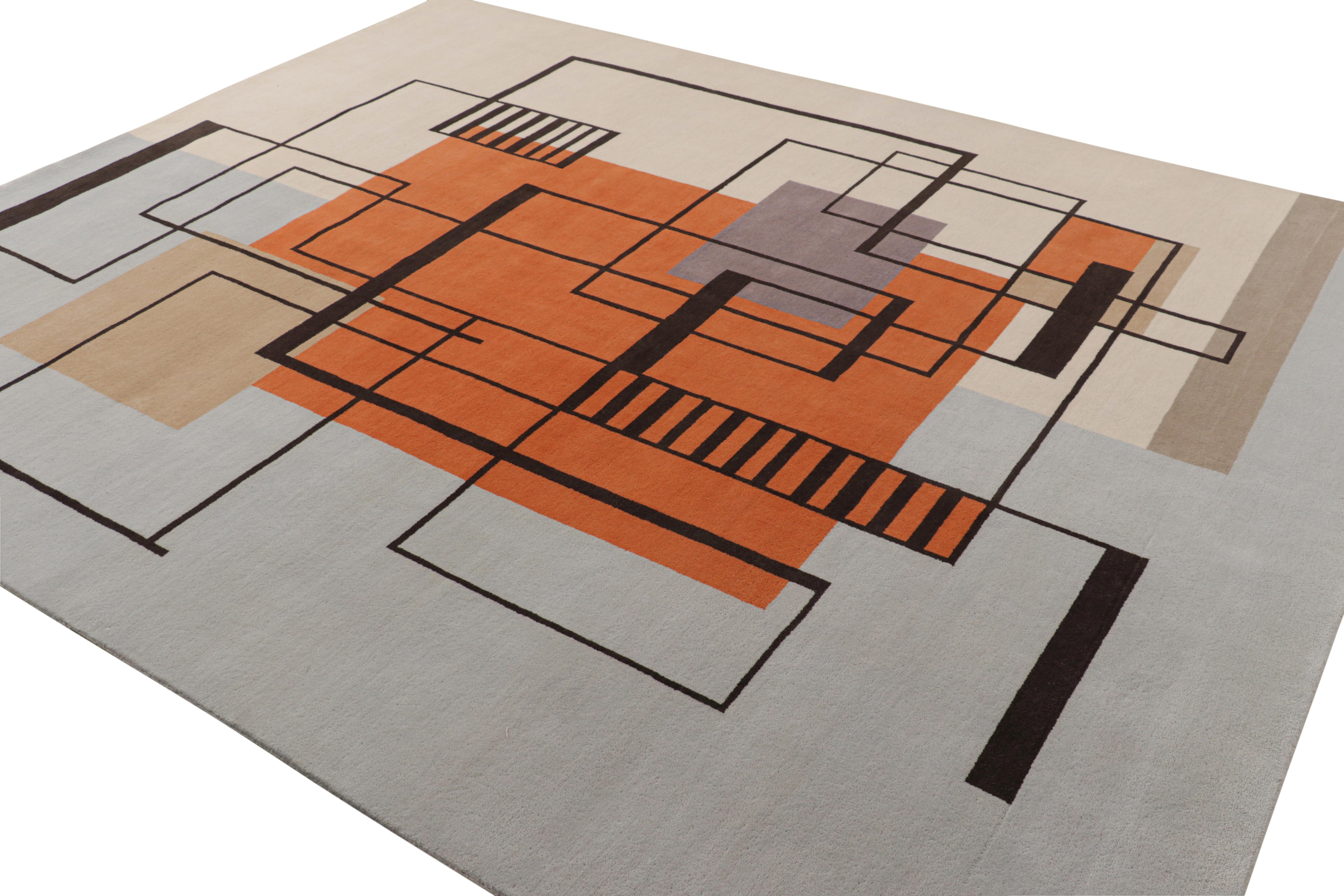 Annodato a mano Rug & Kilim è un tappeto in stile Art Deco francese in blu e beige con motivi geometrici in vendita