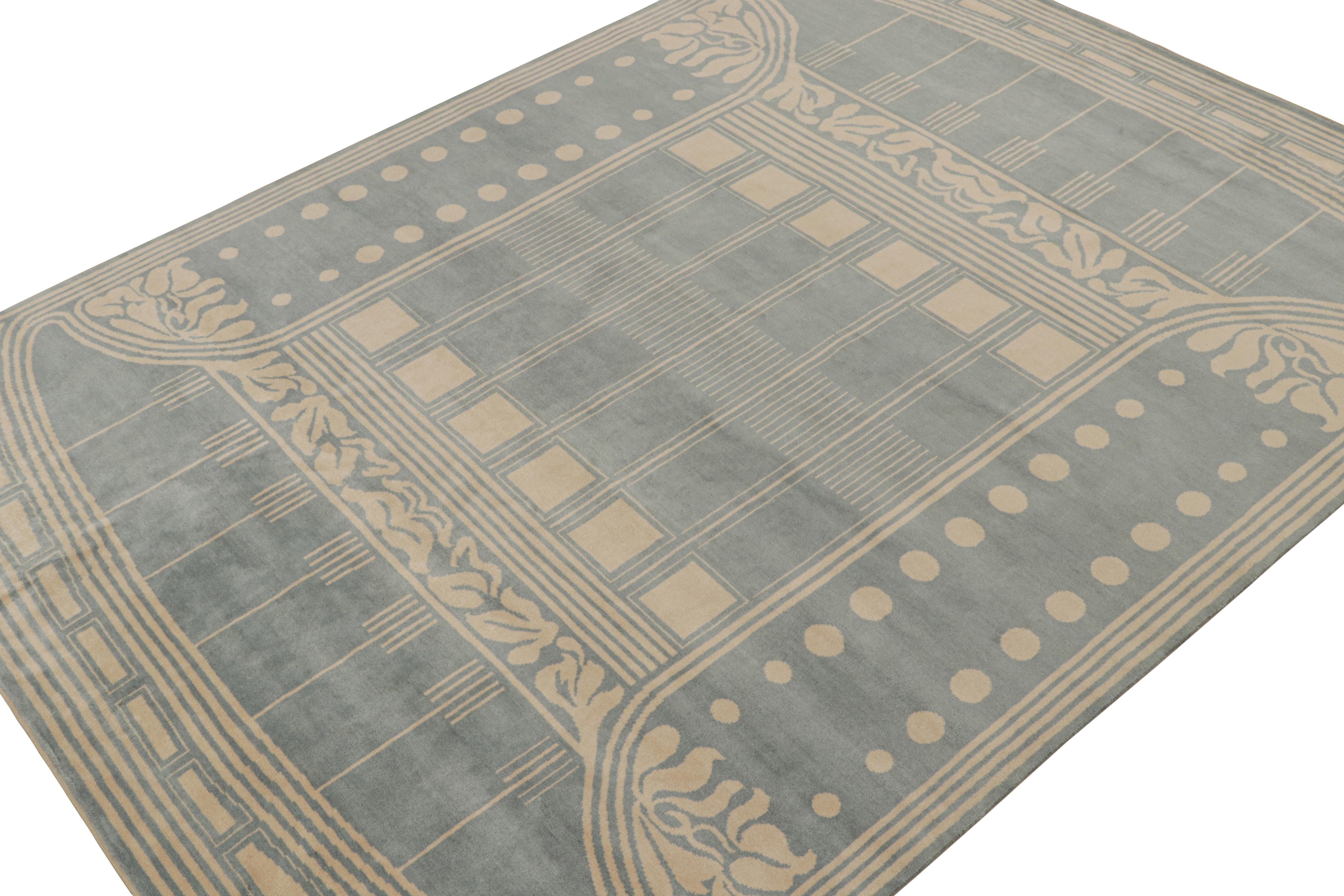 Hand knotted in wool, a 9x12 modern rug from Rug & Kilim’s Art Deco collection.

On the design

This French Art Deco style rug carries architectural inspiration among European styles of the 1920s. It carries defined geometric patterns in a blue &