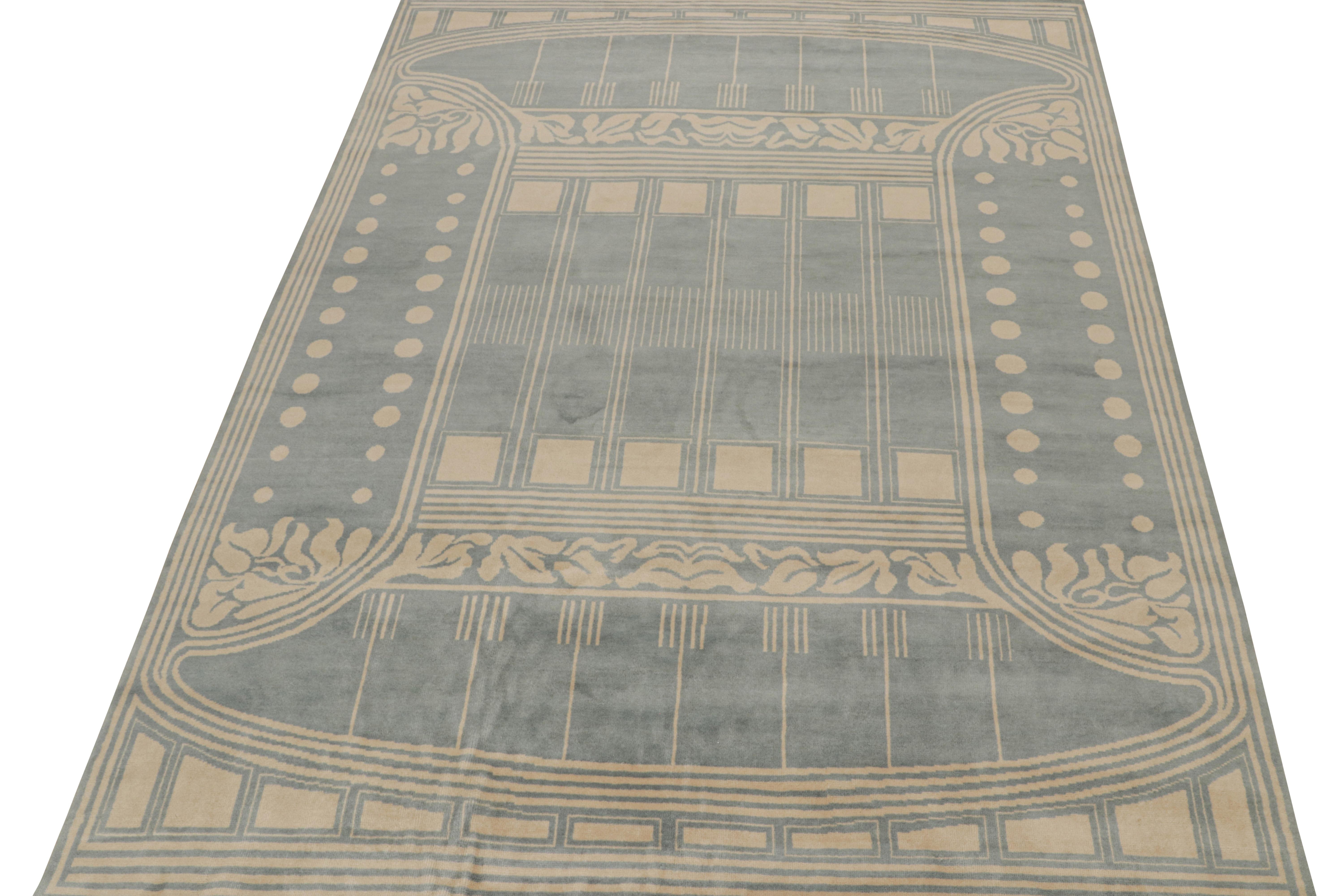 Indian Rug & Kilim’s French Art Deco style rug in Blue & Cream Geometric Patterns For Sale