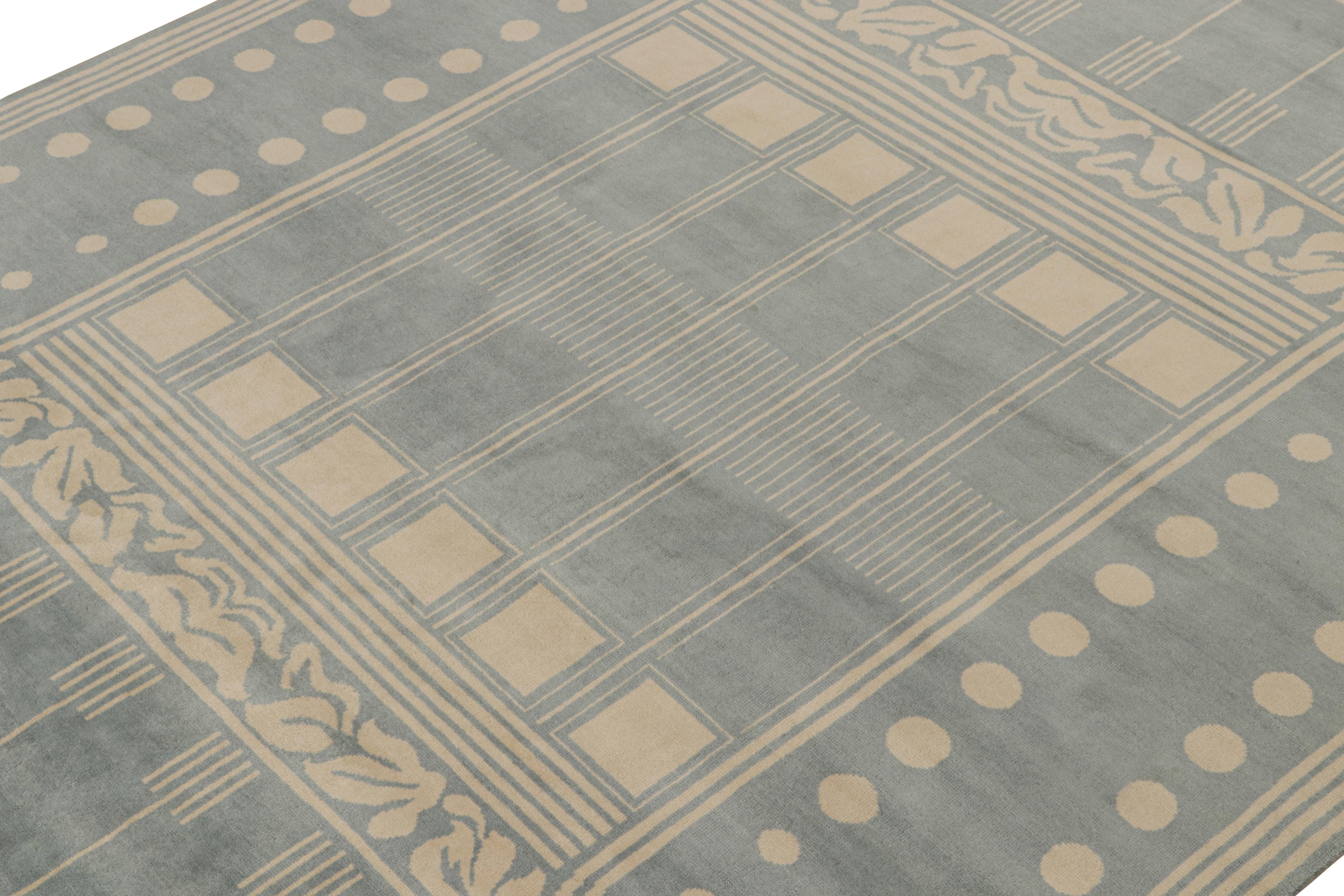 Hand-Knotted Rug & Kilim’s French Art Deco style rug in Blue & Cream Geometric Patterns For Sale
