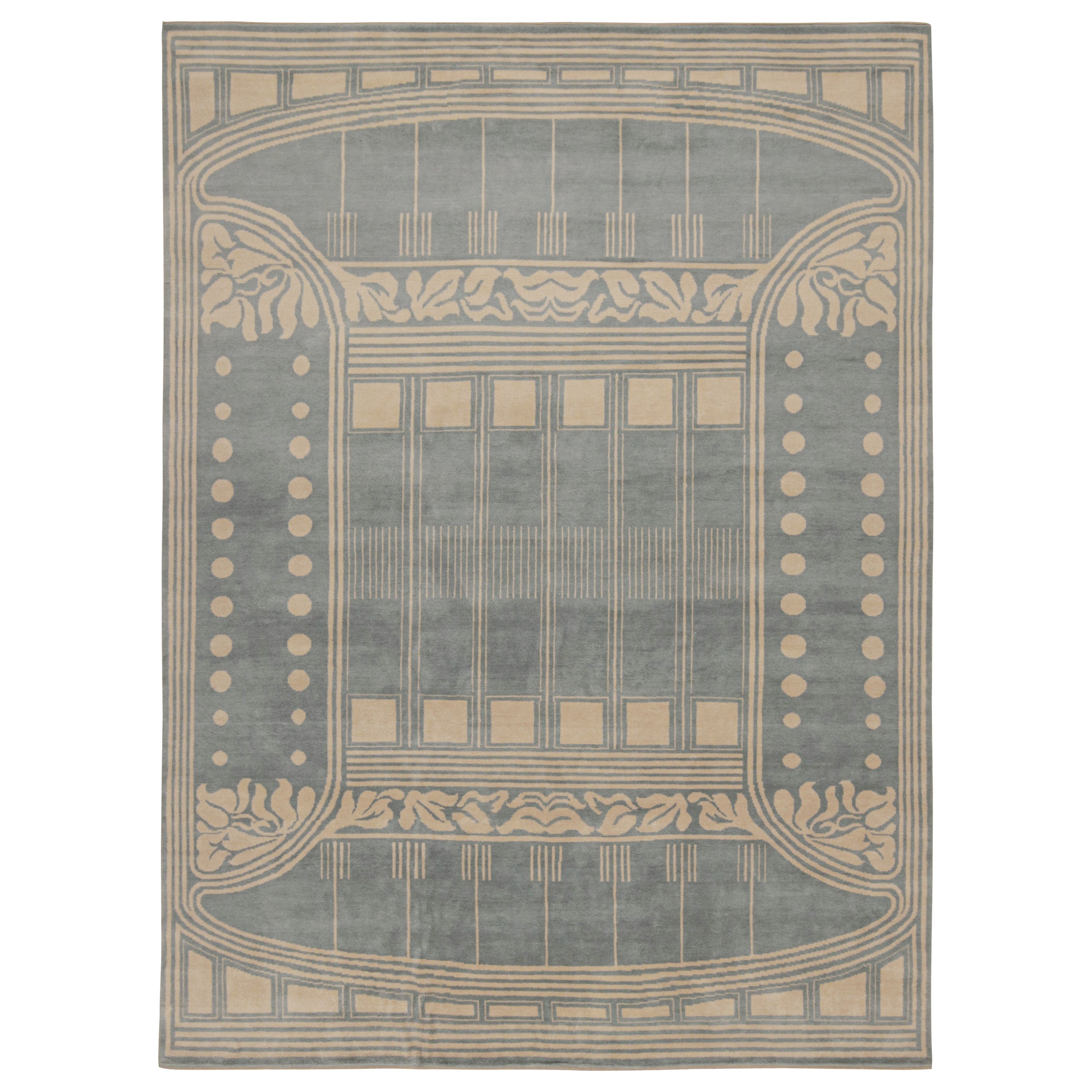 Tappeto in stile Art Deco francese di Rug & Kilim con motivi geometrici blu e crema