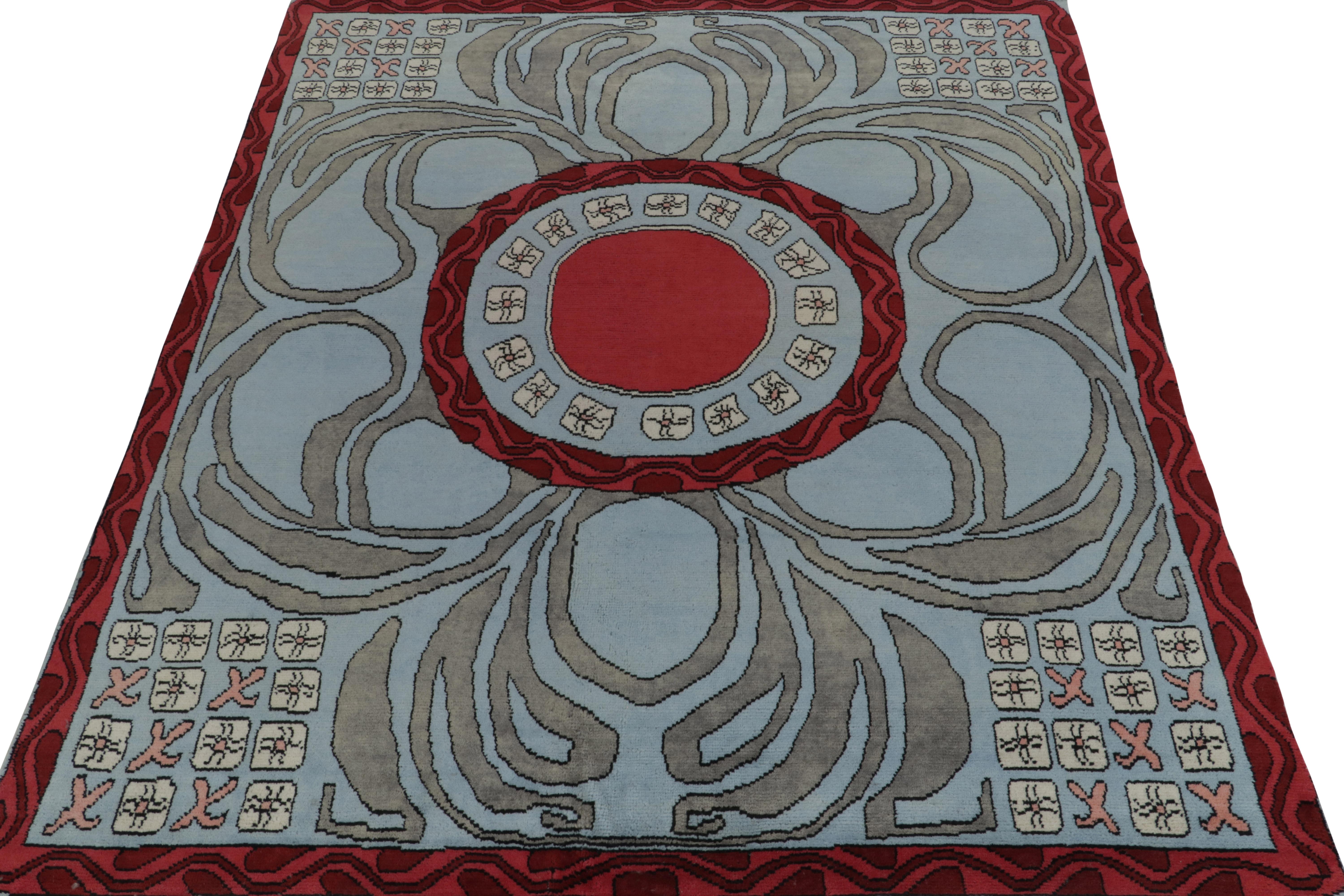Indian Rug & Kilim’s French Art Deco Style Rug in Blue, Red and Gray Geometric Patterns For Sale