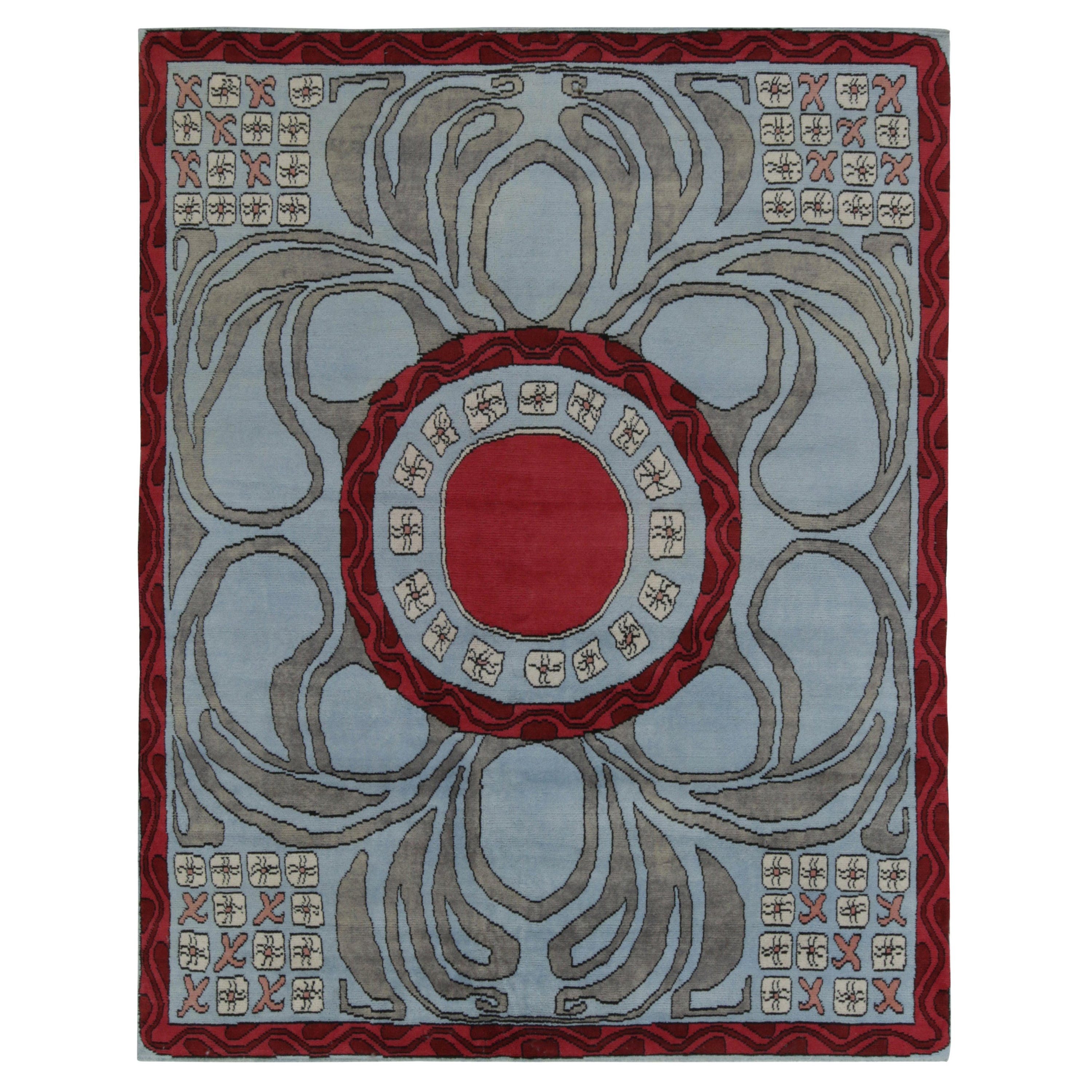 Rug & Kilim’s French Art Deco Style Rug in Blue, Red and Gray Geometric Patterns For Sale