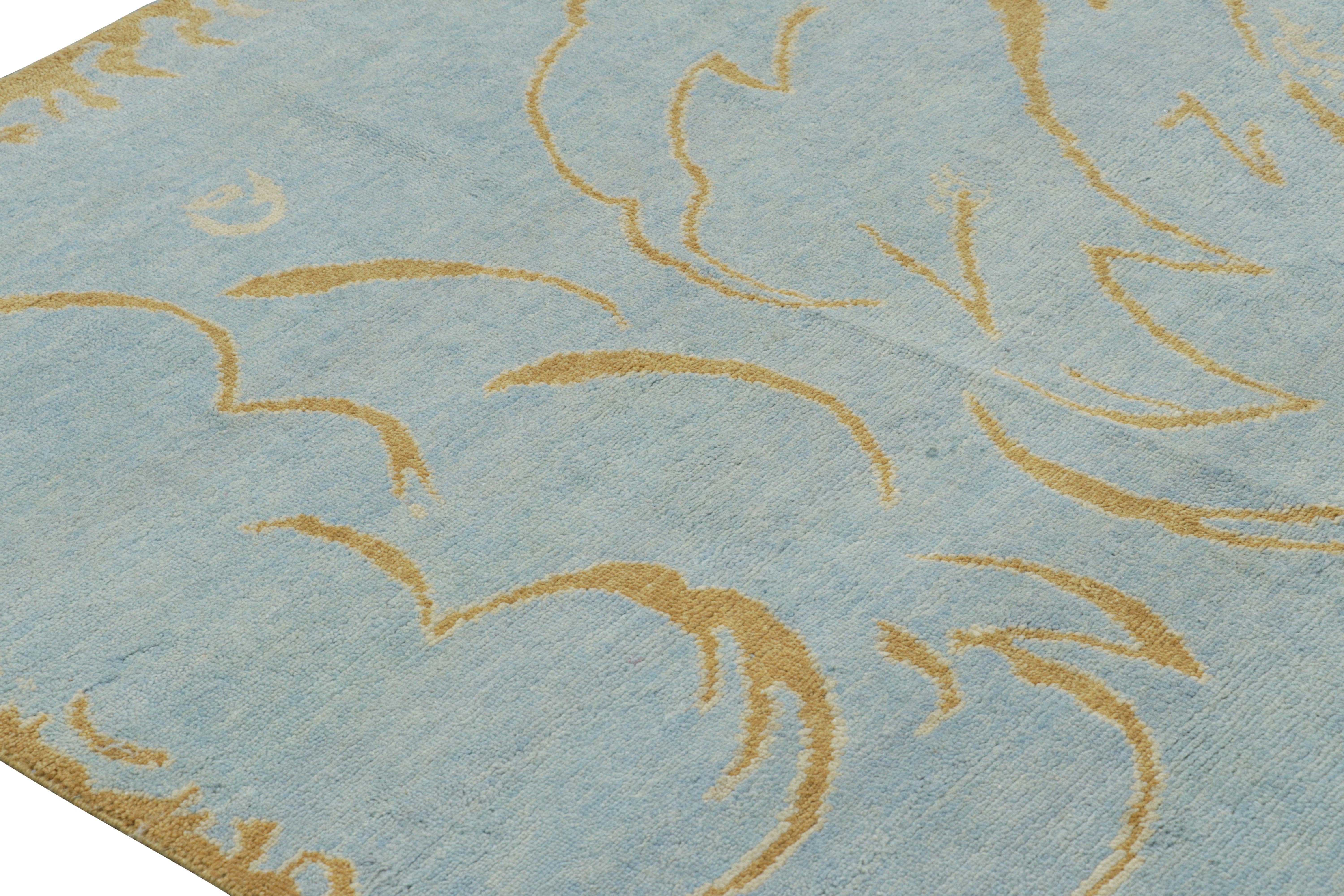 Indian Rug & Kilim’s French Art Deco Rug in Blue with Curving Gold Patterns For Sale