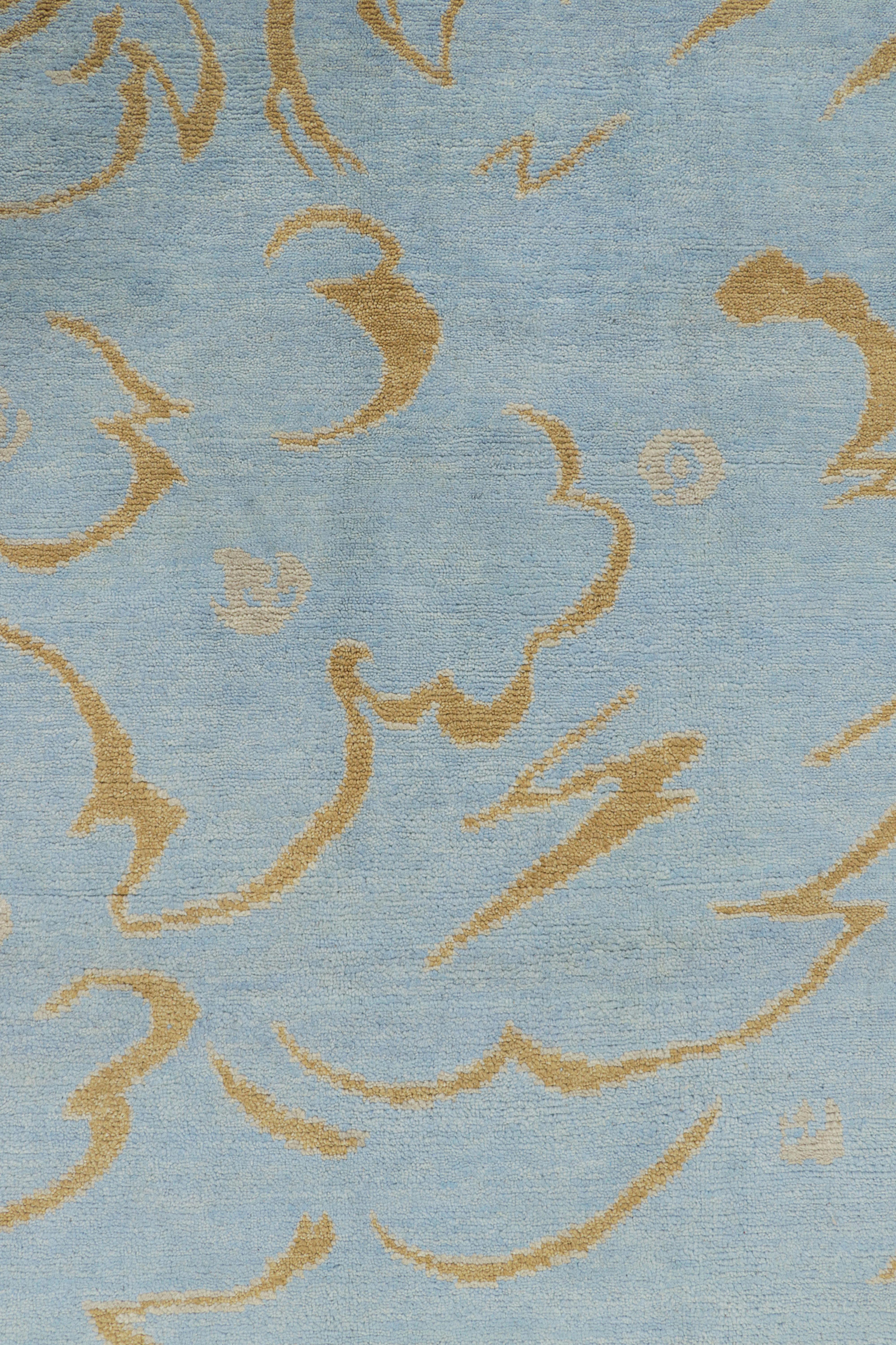 Indian Rug & Kilim’s French Art Deco Style Rug in Blue with Gold Geometric Patterns For Sale