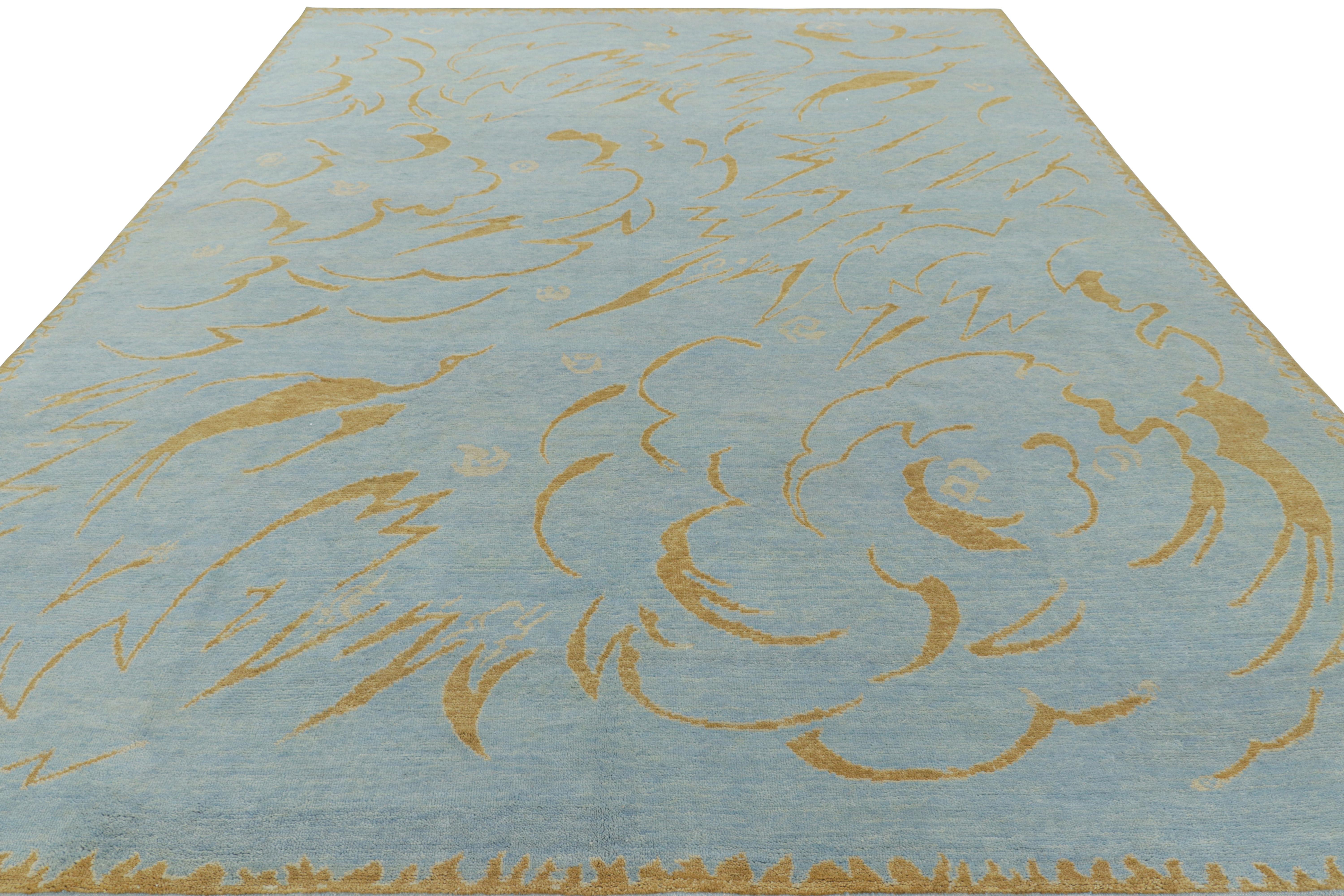 Hand-Knotted Rug & Kilim’s French Art Deco Rug in Blue with Curving Gold Patterns For Sale