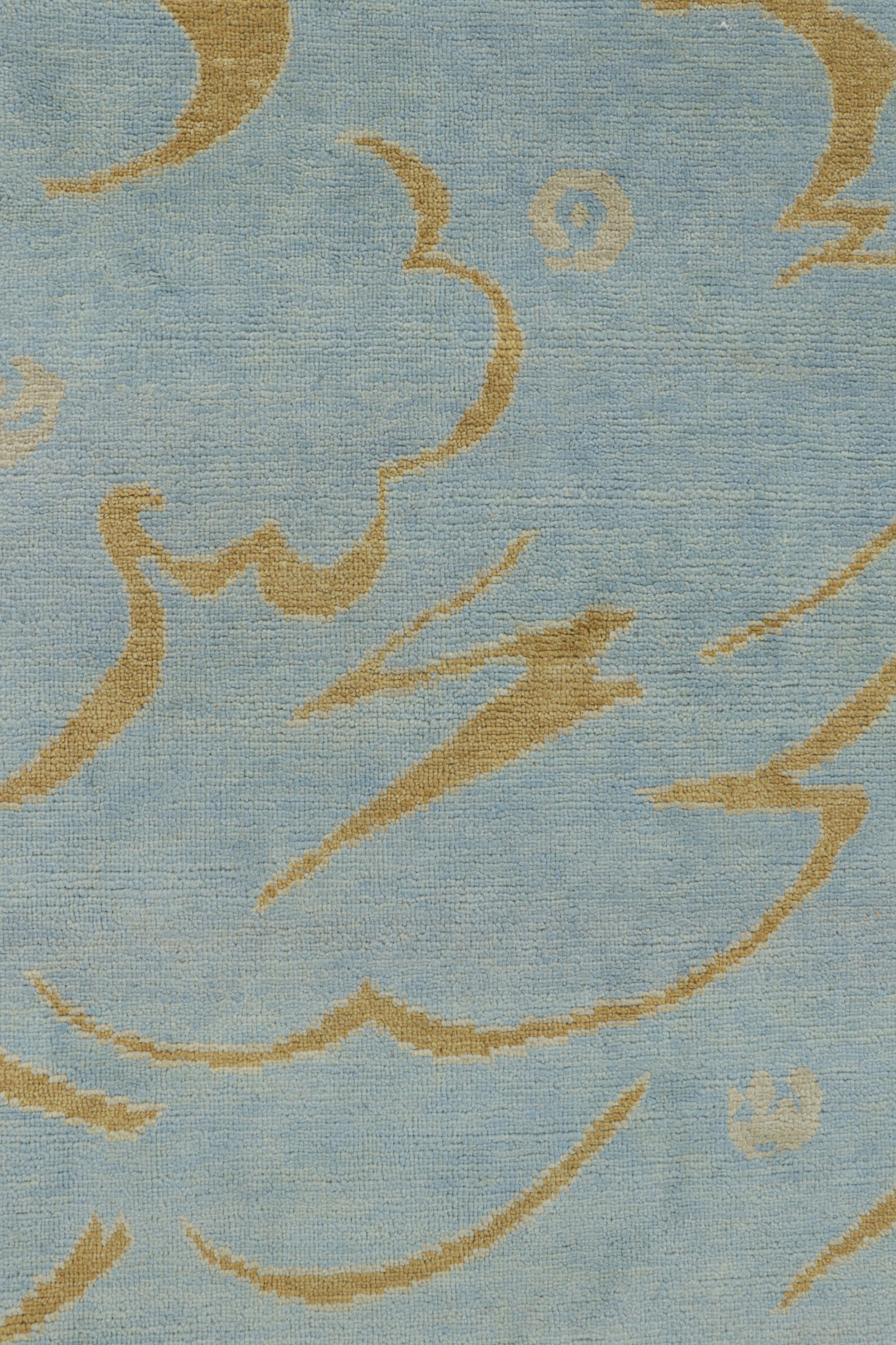 Contemporary Rug & Kilim’s French Art Deco Rug in Blue with Curving Gold Patterns For Sale