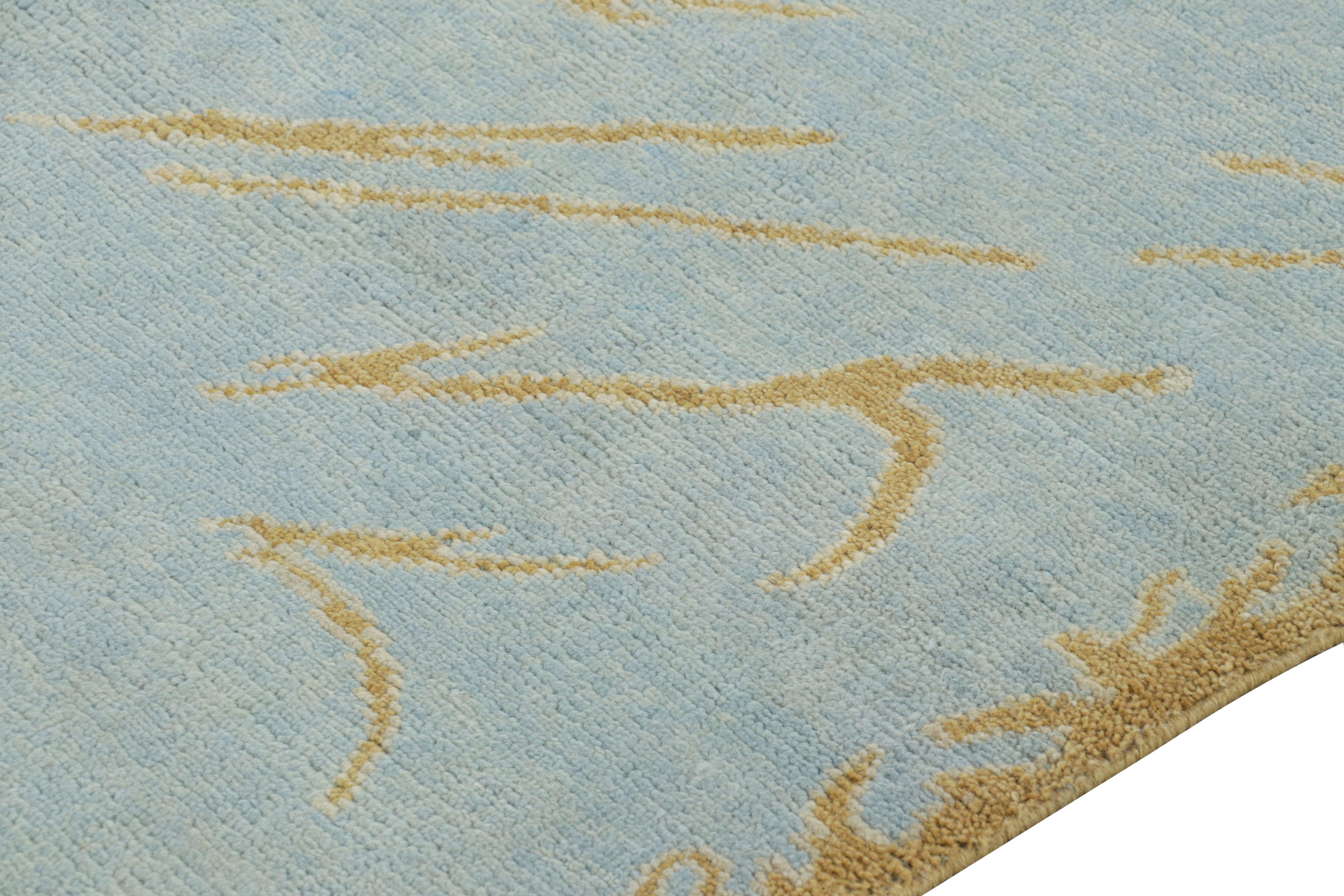 Wool Rug & Kilim’s French Art Deco Rug in Blue with Curving Gold Patterns For Sale