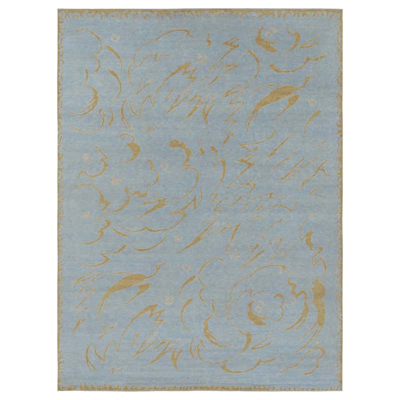 Rug and Kilim’s French Art Deco Style Rug In Blue with Yellow Geometric ...