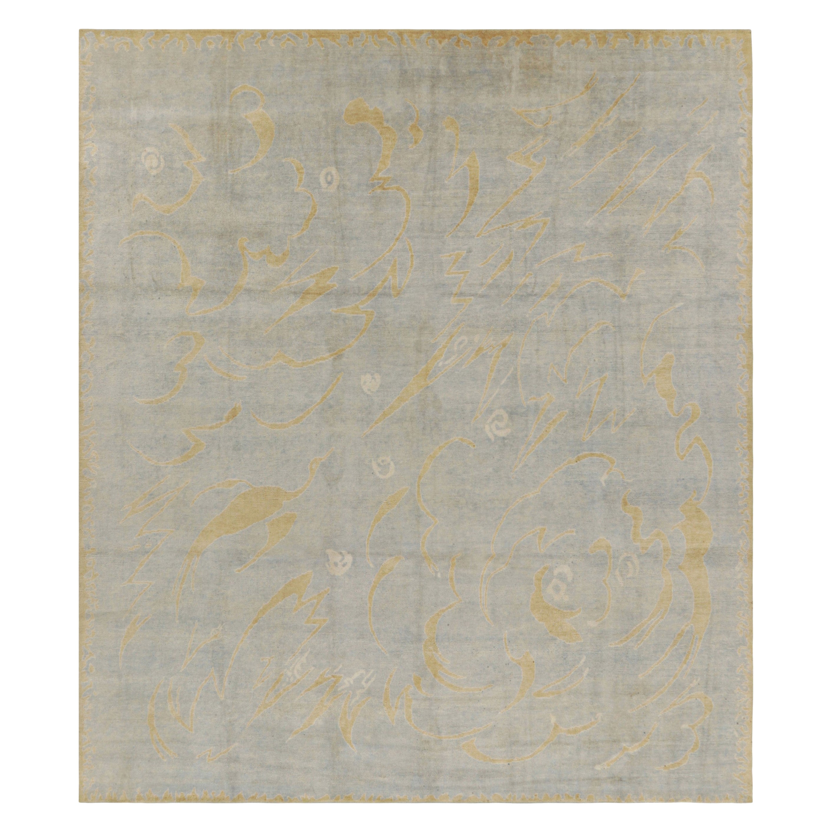 Rug & Kilim's Französischer Art Deco Stil Teppich in Blau mit gelben geometrischen Mustern im Angebot