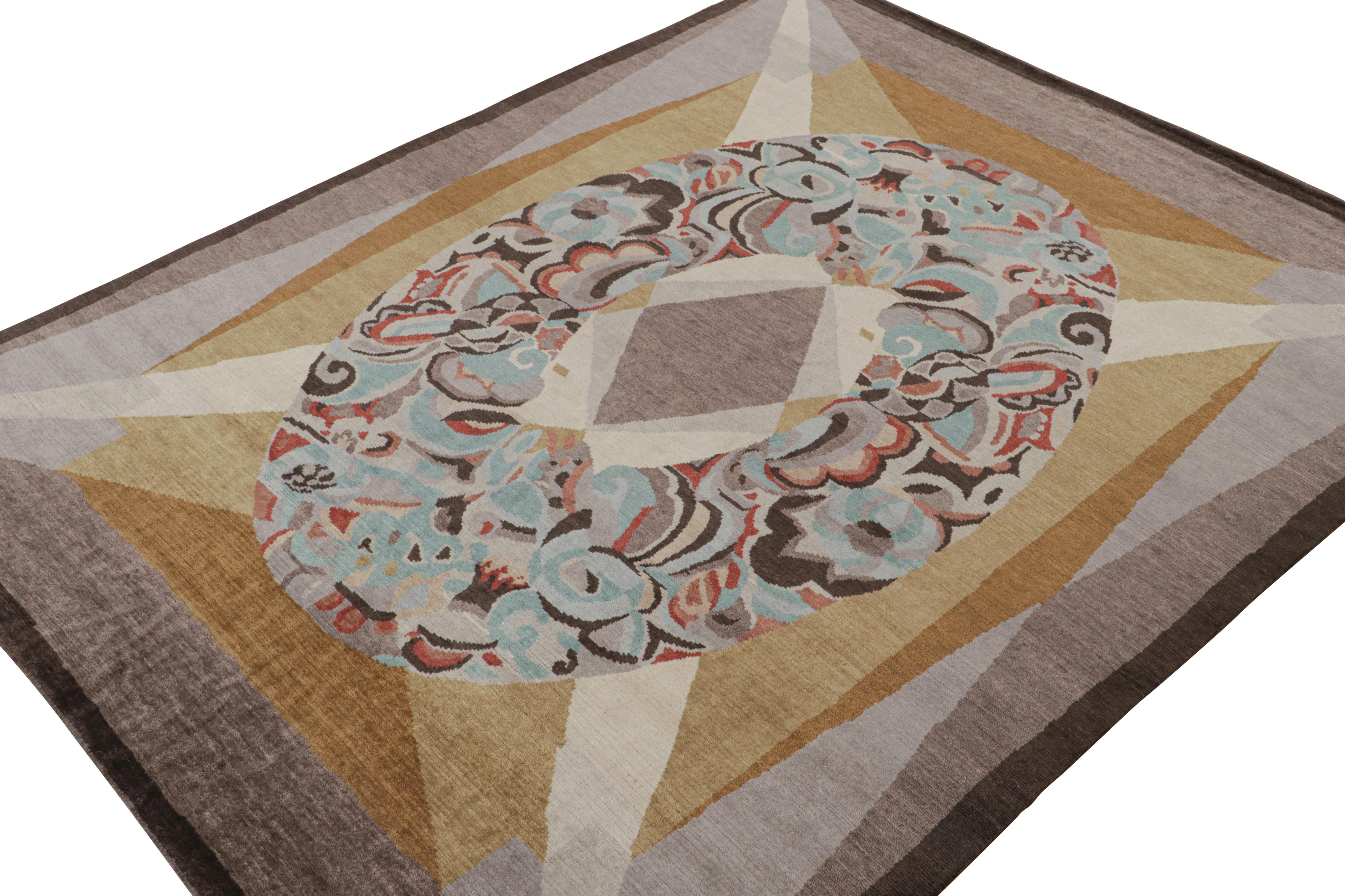 Noué à la main en laine, ce tapis moderne 9x12 fait partie de la collection de tapis Art déco français de Rug & Kilim.

Sur le design

Cette pièce s'inspire du style européen des années 1920 et présente un grand médaillon avec des motifs