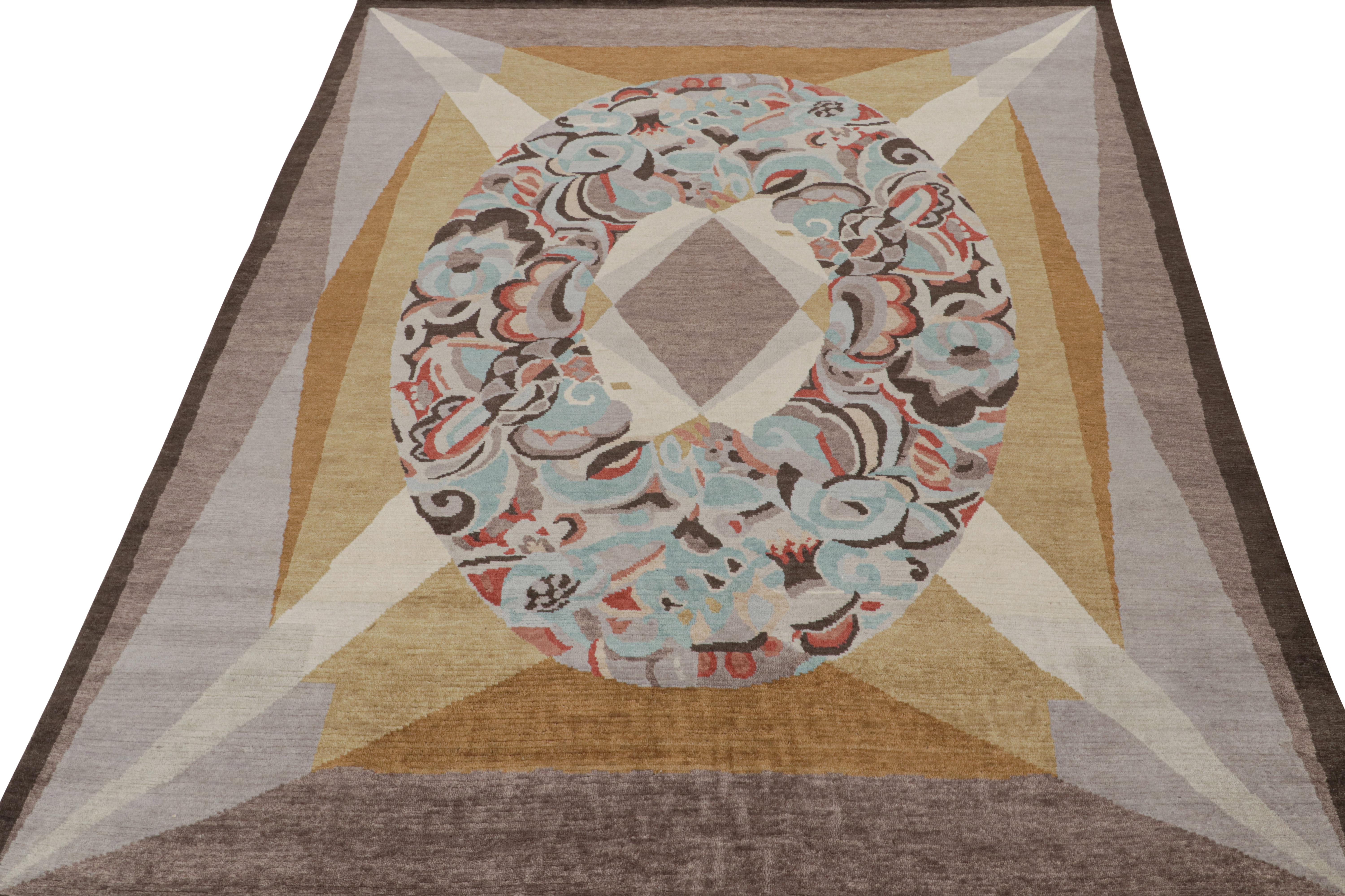 Art déco Rug & Kilim's French Art Deco Rug in Brown with Blue Medallion Pattern  en vente