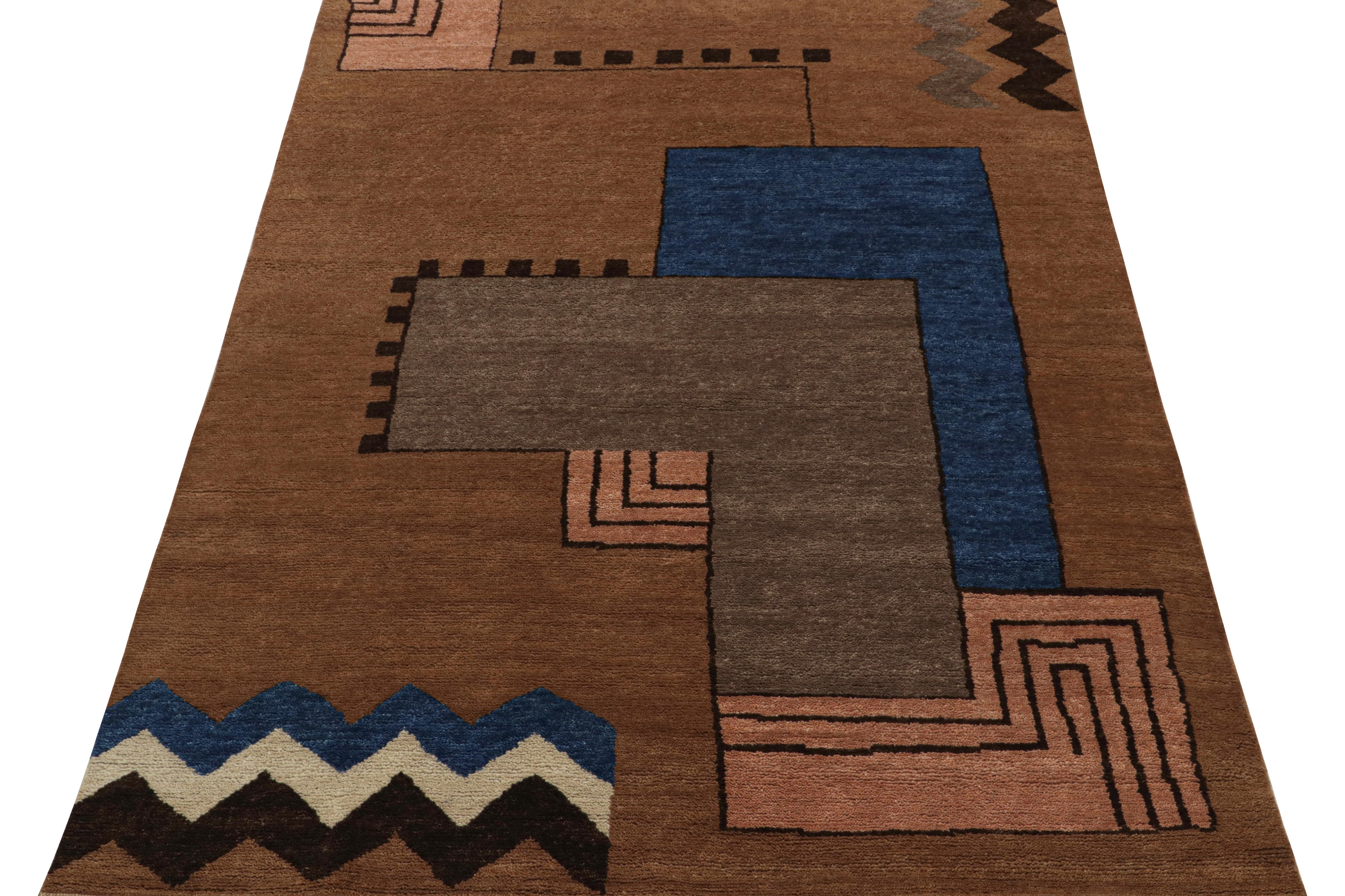 Art Déco Tappeto in stile Art Deco francese di Rug & Kilim in marrone con motivi geometrici in vendita