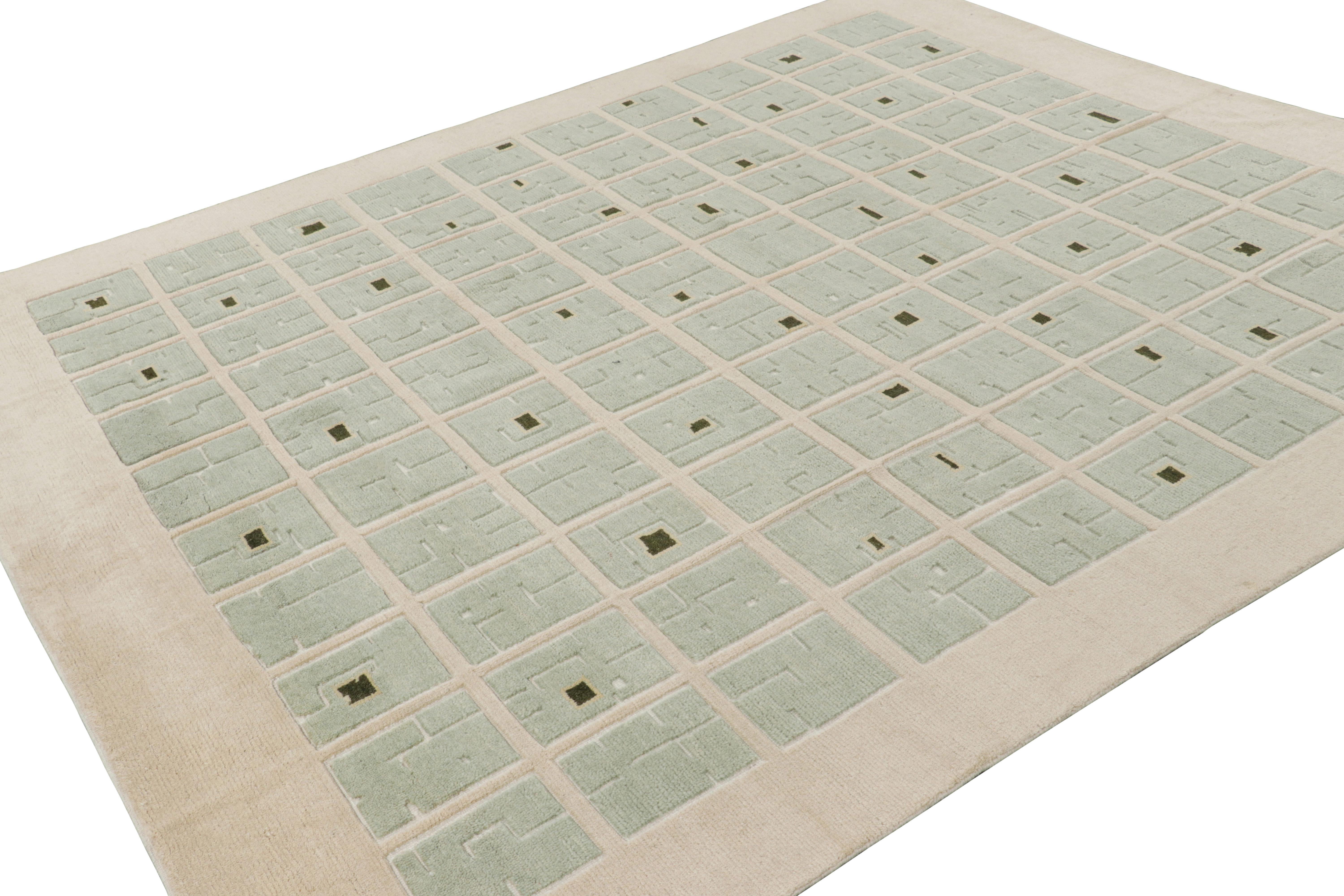 Noué à la main Rug & Kilim's French Art Deco Style Rug in Cream with Seafoam Geometric Pattern (tapis de style Art déco français avec motif géométrique) en vente