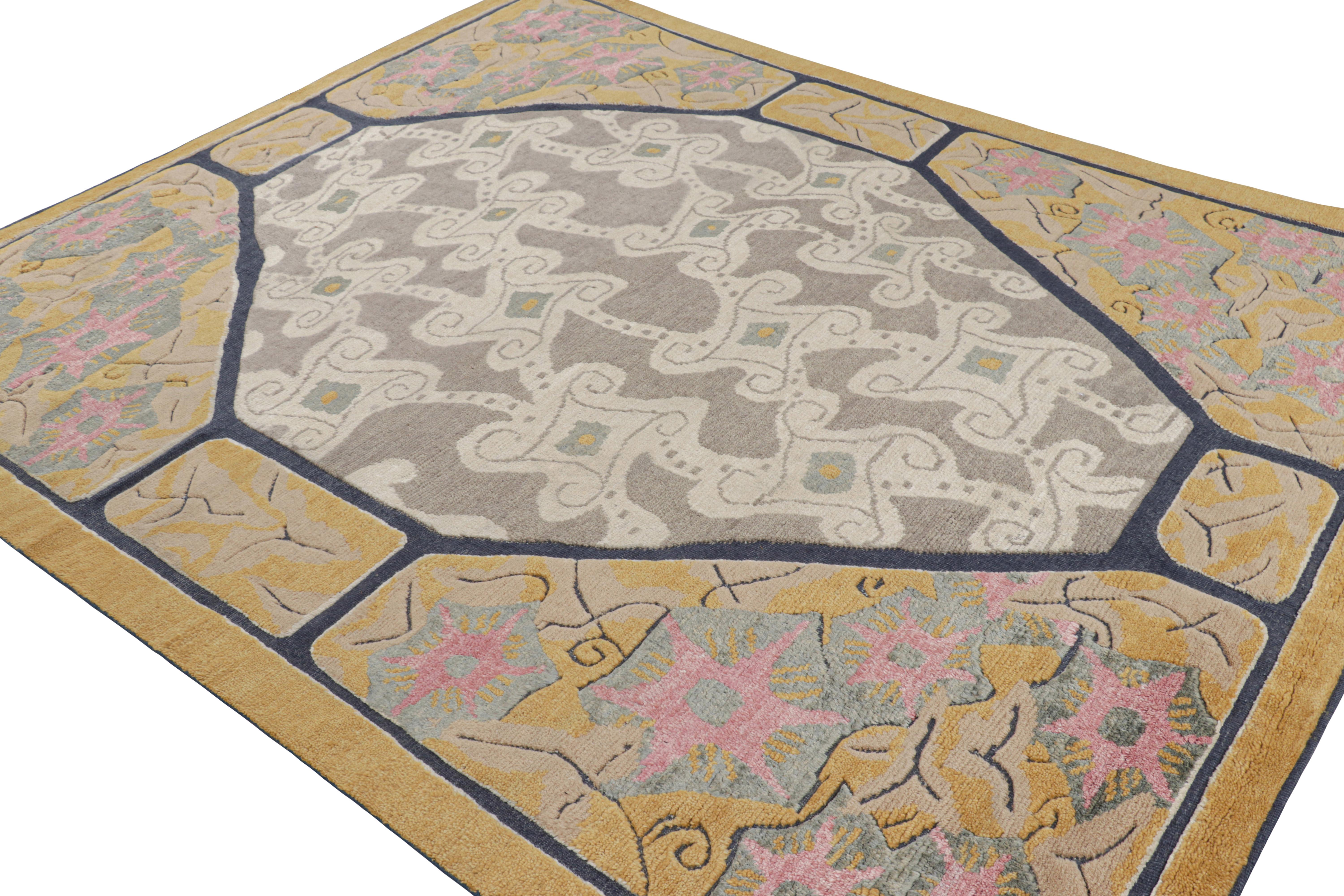 Indian Rug & Kilim’s French Art Deco Style Rug in Gold with Colorful Geometric Patterns For Sale