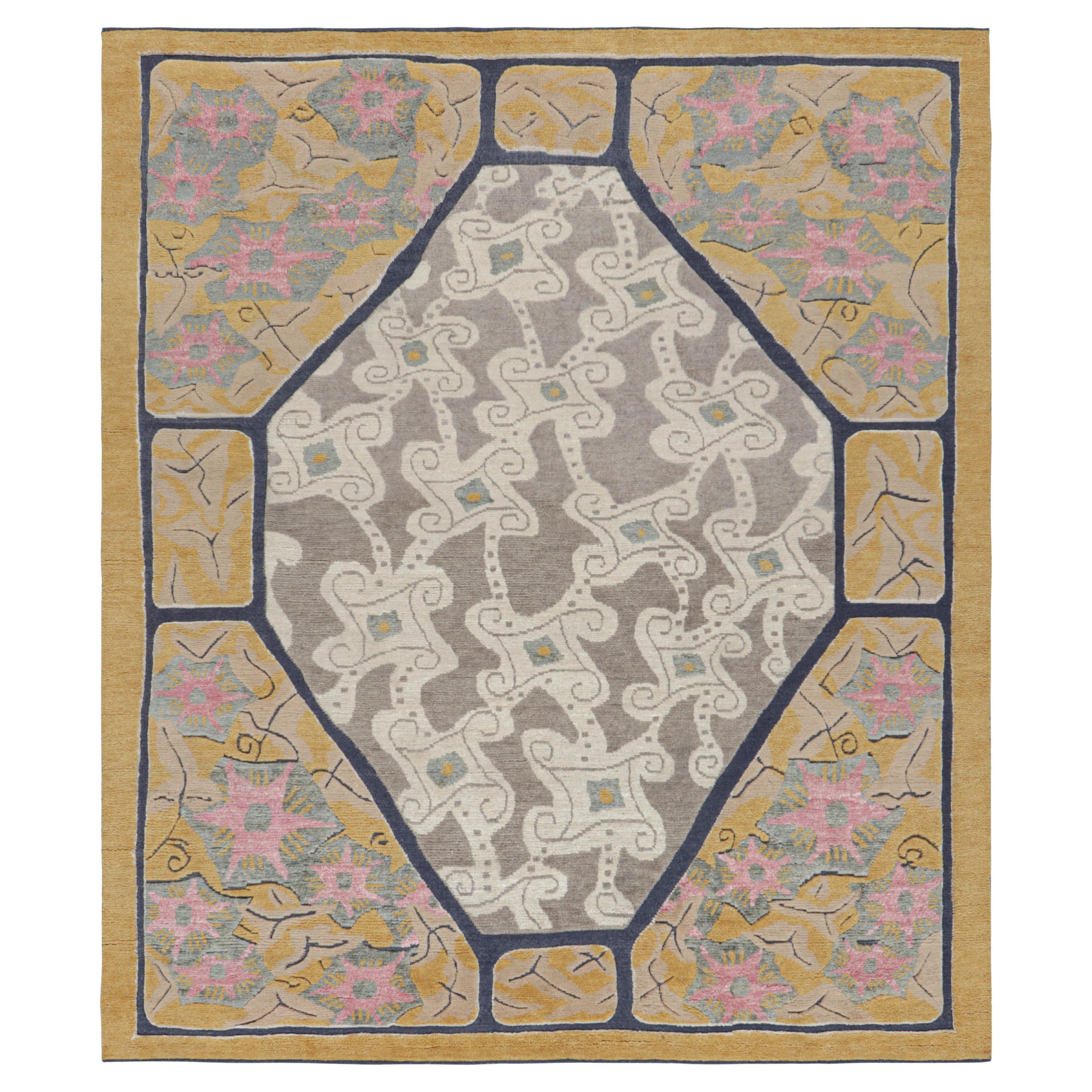 Rug & Kilim’s French Art Deco Style Rug in Gold with Colorful Geometric Patterns For Sale