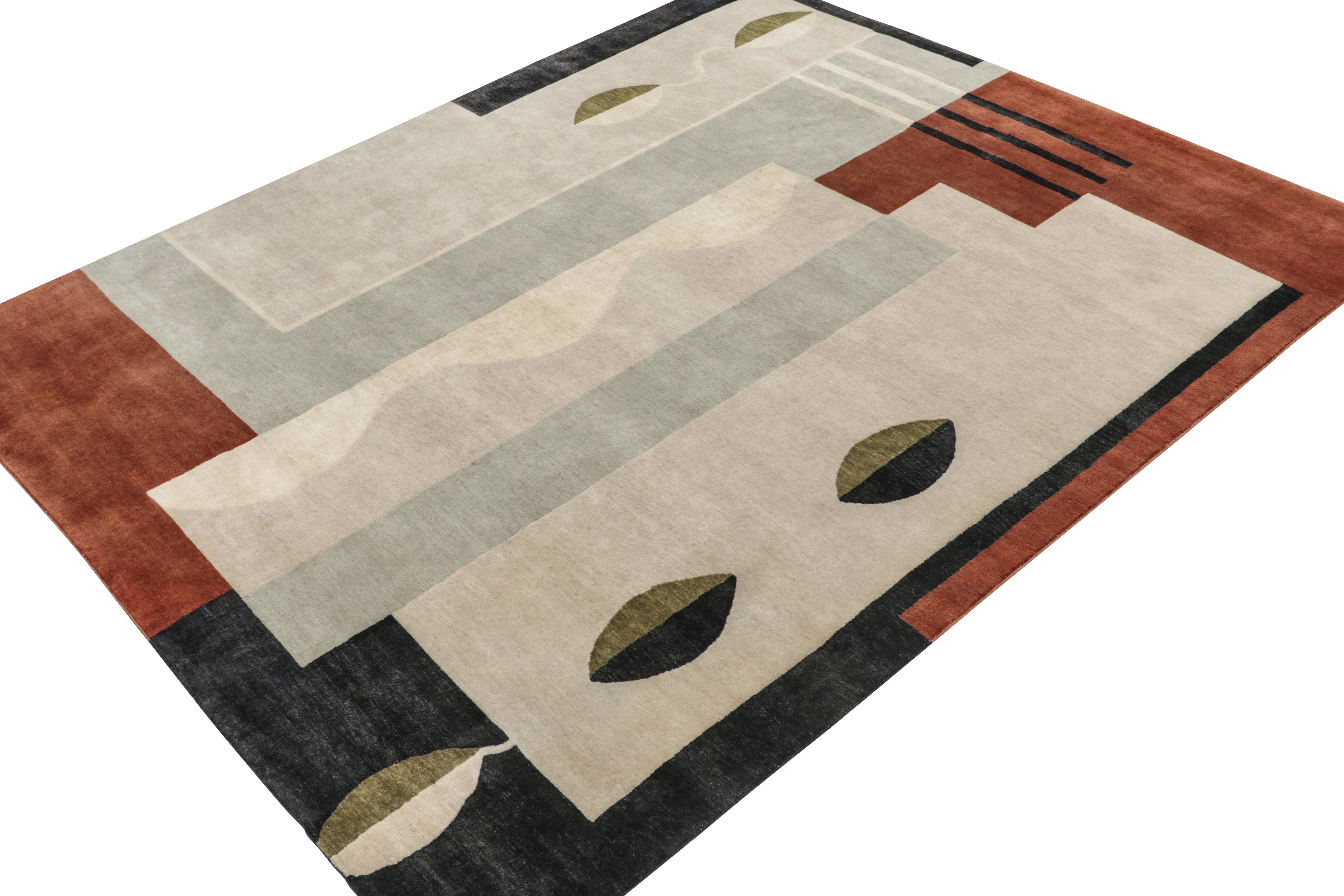Dieser 8x10 große Teppich ist die nächste Ergänzung der klassisch inspirierten French Deco Collection'S von Rug & Kilim. Das aus Wolle, Seide und Baumwolle handgeknüpfte Design lehnt sich an das titelgebende  Art-Déco-Teppiche im Stil der 1920er