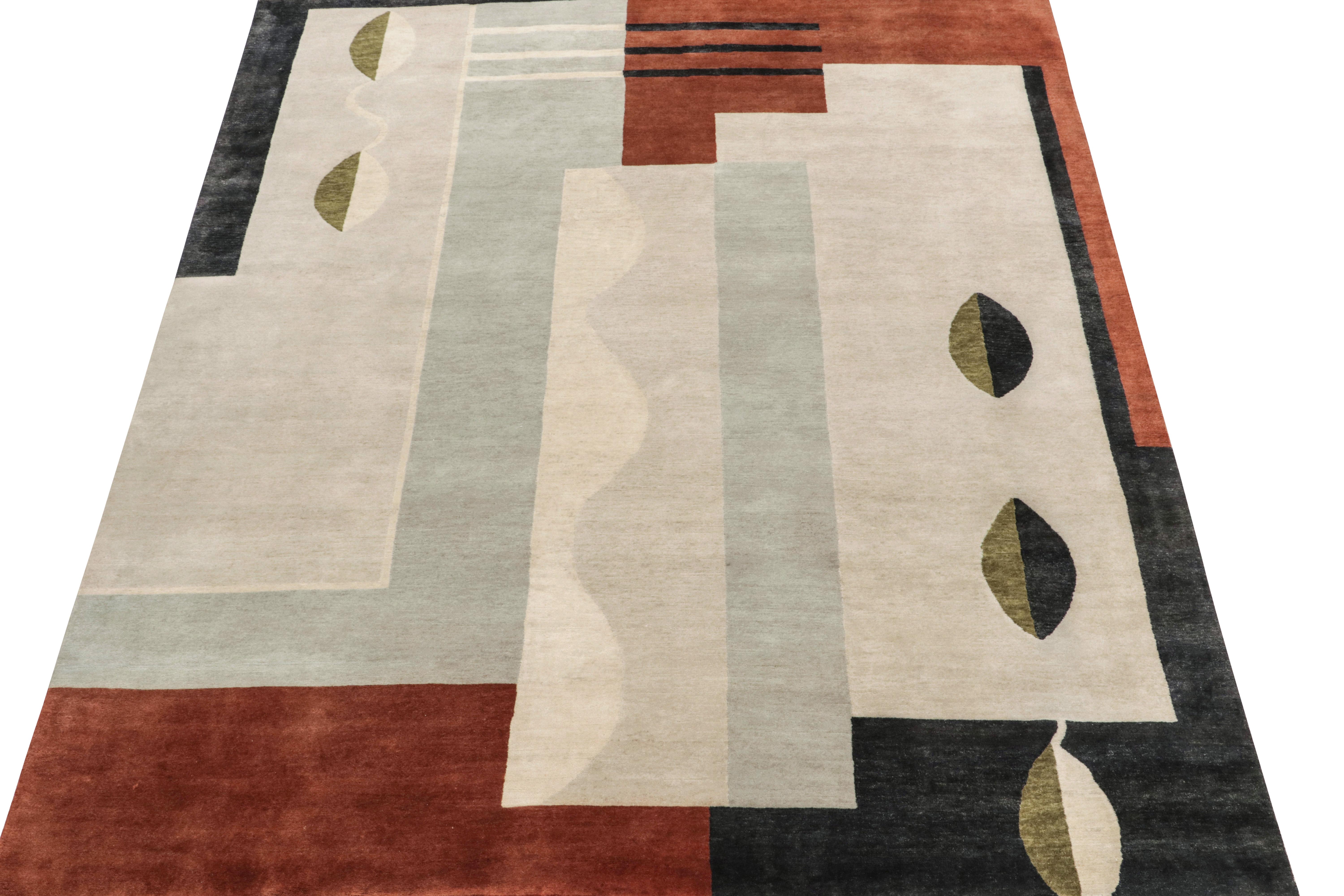 Indian Rug & Kilim’s French Art Deco Style Rug in Gray, Brown & Black Geometric Pattern For Sale