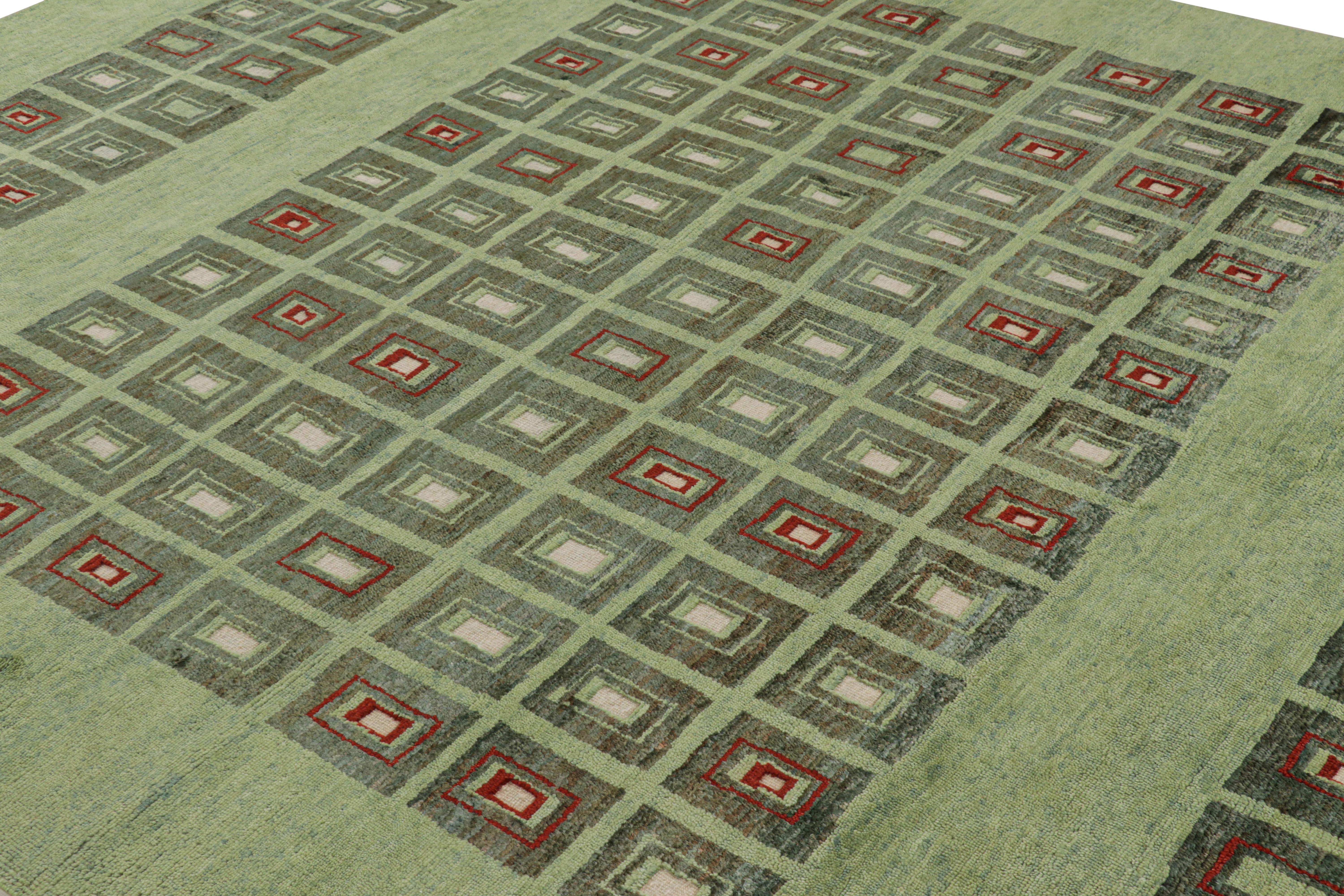 Annodato a mano in lana, questo tappeto 9x12 di Rug & Kilim presenta motivi geometrici nello stile di un pezzo d'epoca estetico di Leleu o Da Bruhns degli anni '20 moderni.

Sul design: 

Gli ammiratori dell'artigianato apprezzeranno la sottile