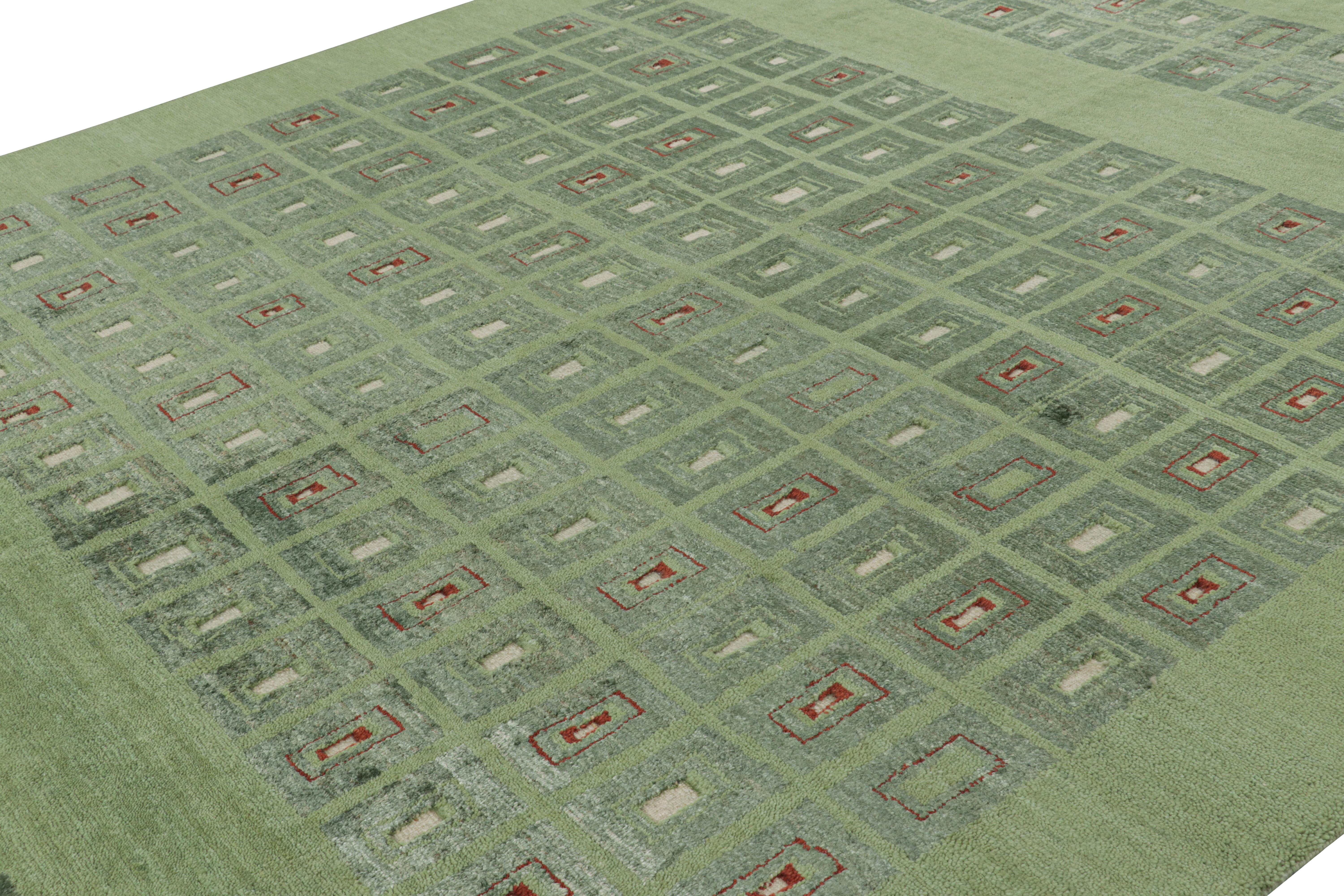 Hand-knotted in wool, this 10x14 rug is an exciting new piece in the French Art Deco rug collection by Rug & Kilim—a contemporary ode to the 1920s style moderne, with geometric patterns in the style of a Leleu or Da Bruhns aesthetic period