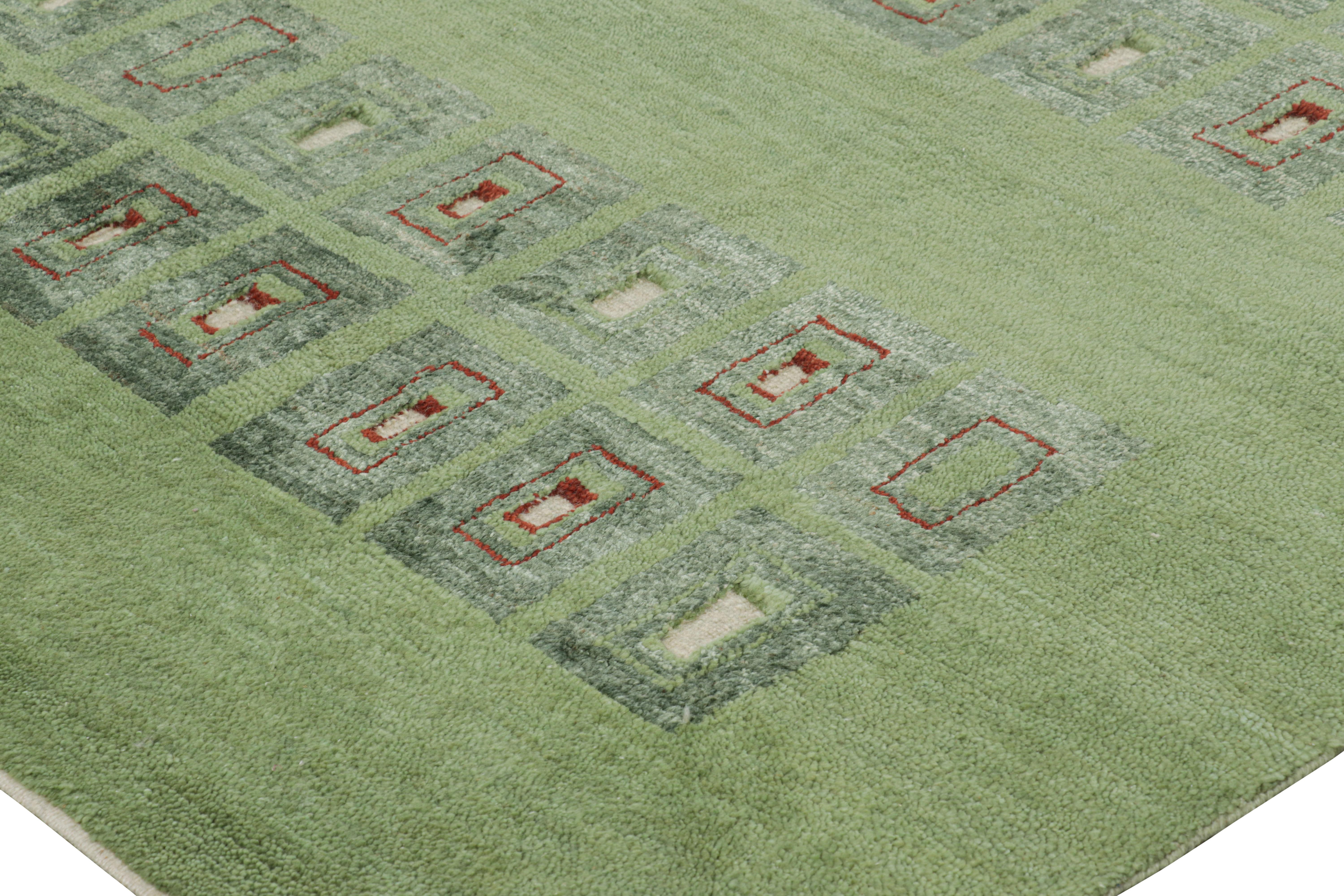 Indian Rug & Kilim’s French Art Deco Style Rug in Green with Geometric Patterns For Sale