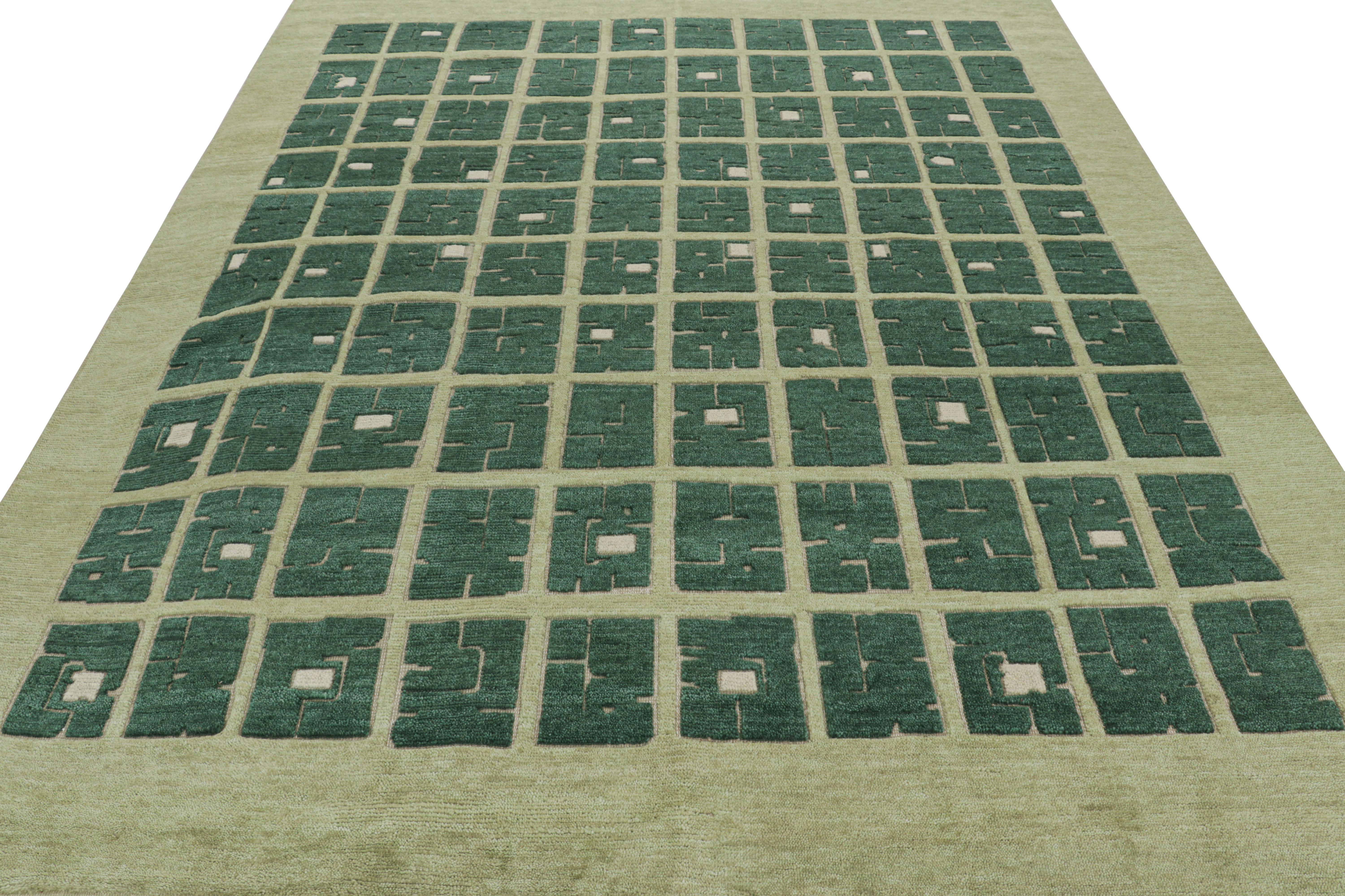 Indian Rug & Kilim’s French Art Deco Style Rug in Green with Geometric Patterns For Sale