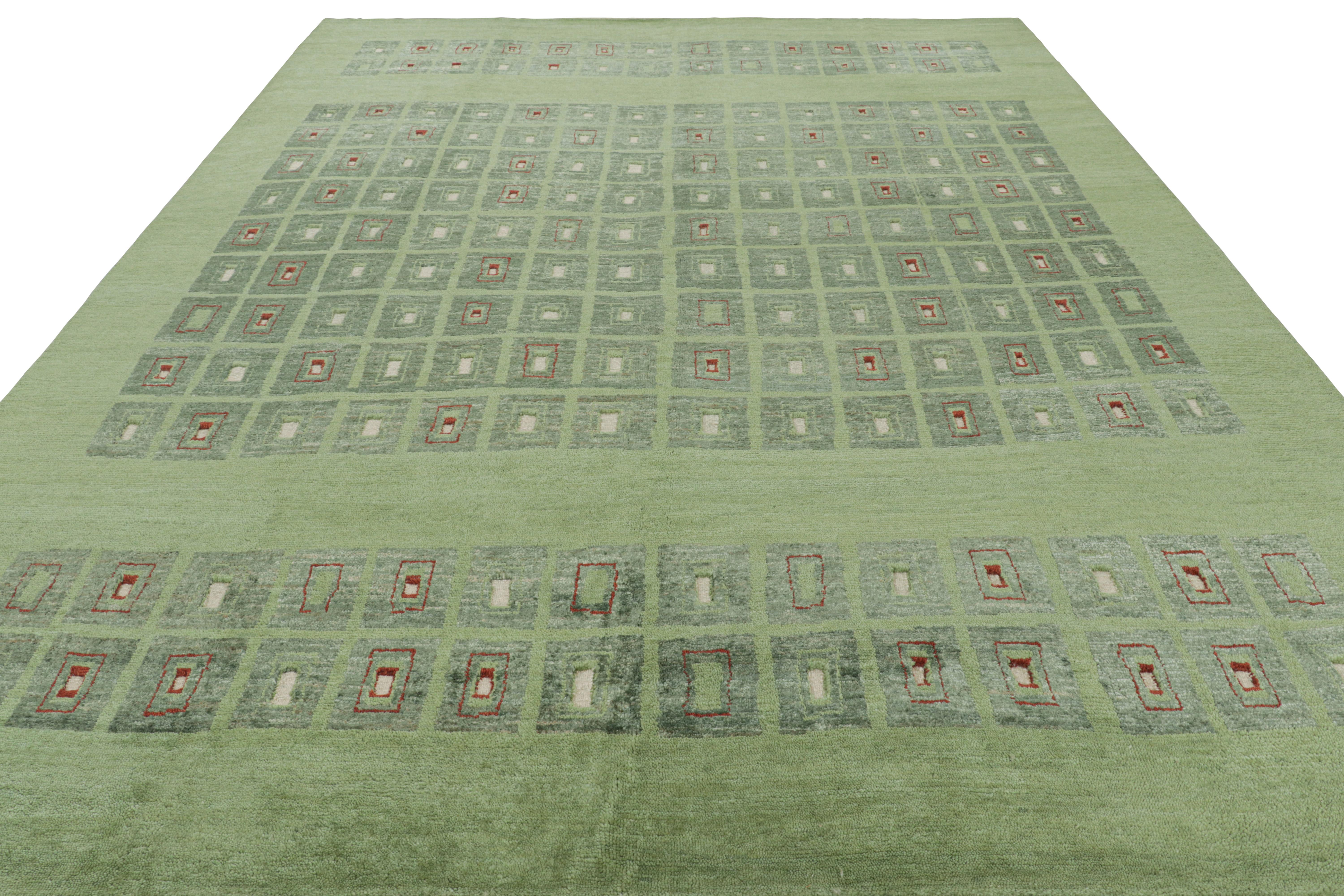 Hand-Knotted Rug & Kilim’s French Art Deco Style Rug in Green with Geometric Patterns For Sale
