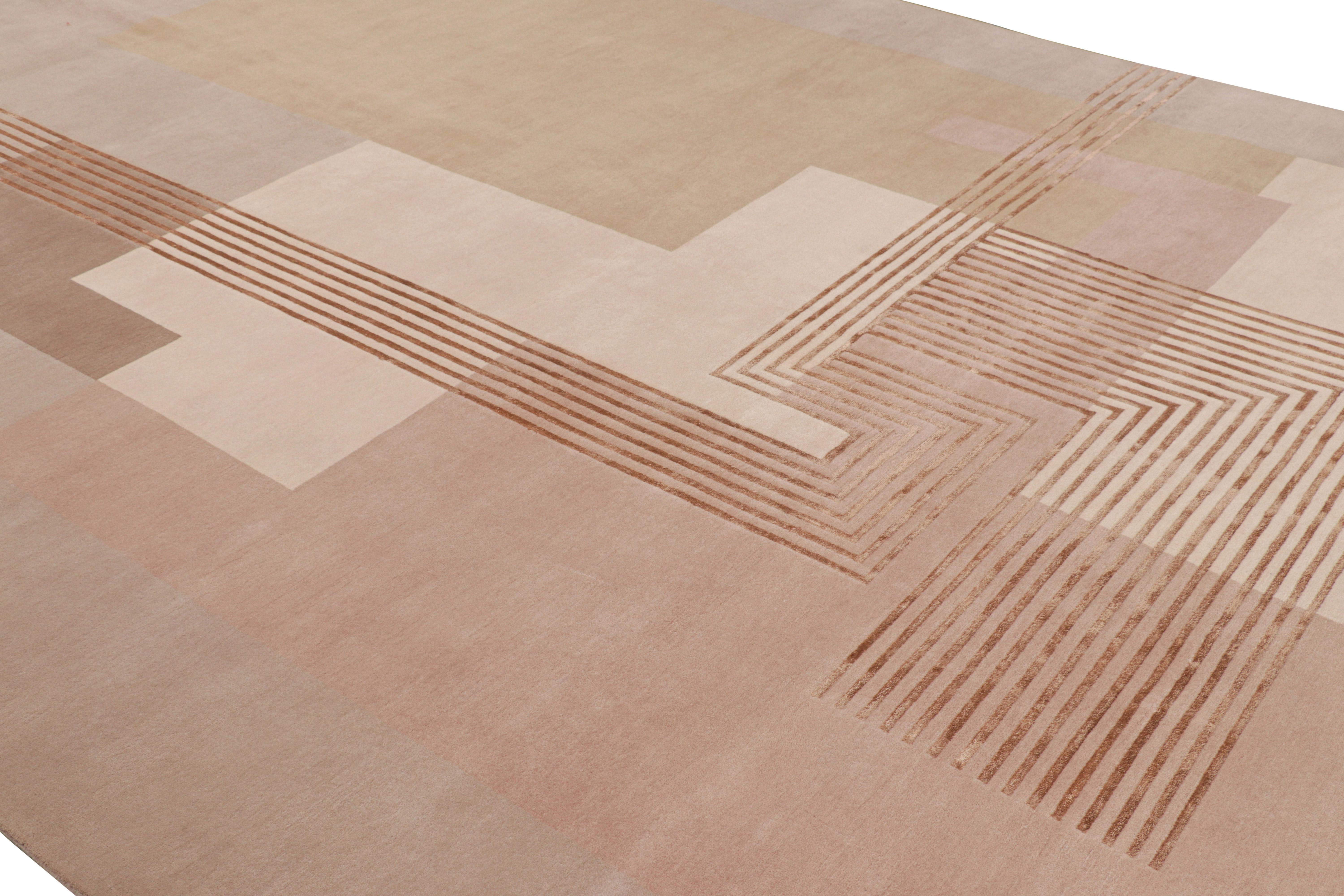 Hand-knotted in wool, this 10x14 rug by Rug & Kilim features geometric patterns in the style of a Leleu or Da Bruhns aesthetic period piece of the 1920s style moderne.

On the Design:

Admirers of the craft will appreciate a subtle refinement in the