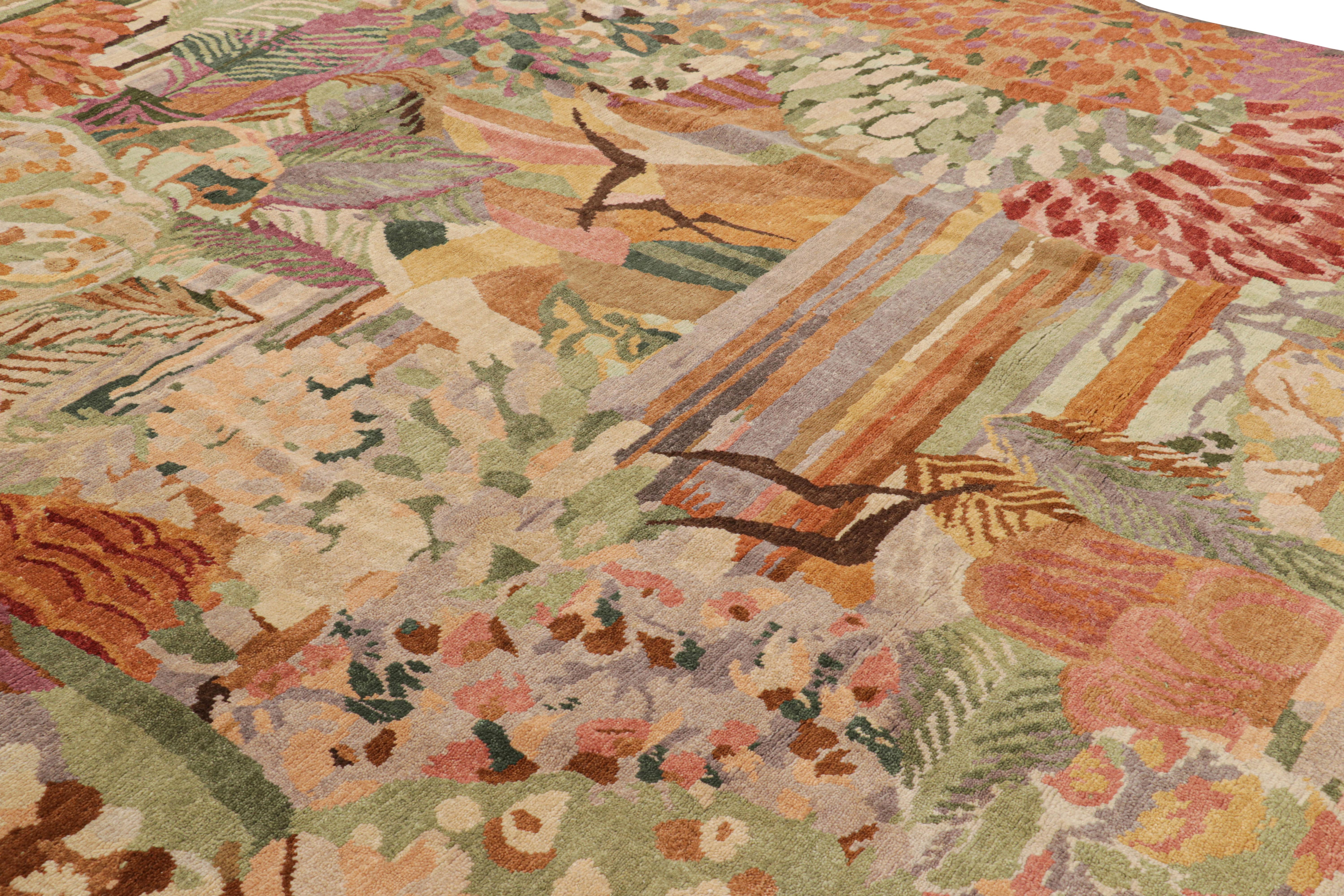 Hand-knotted in wool, this 12x14 modern French art deco custom rug design features floral patterns, mainly botanicals almost as expressionist as it is an homage to 1920s period pieces.

On the design: 

Admirers of the craft may appreciate this