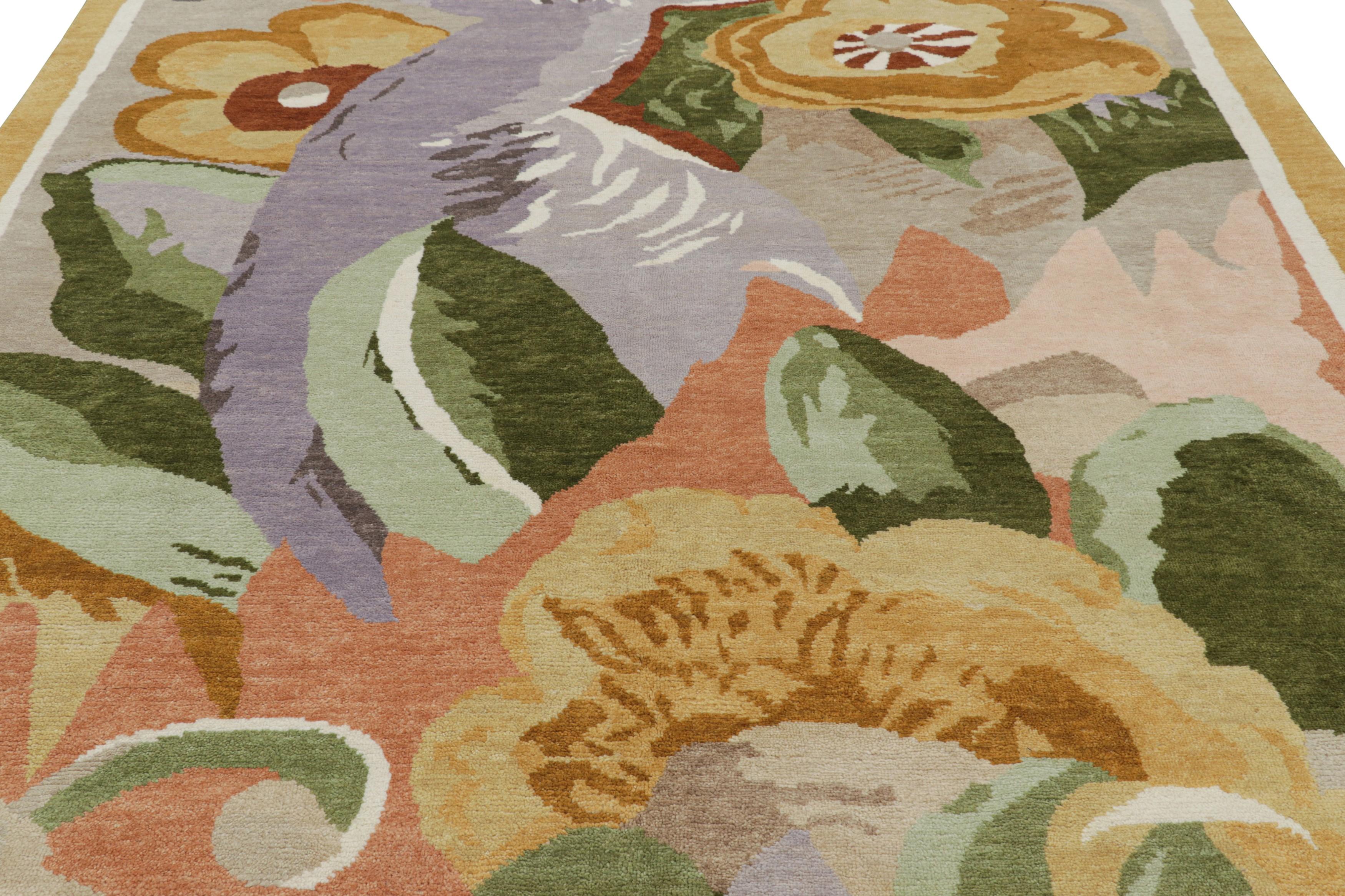 Realizzato in lana annodata a mano, questo tappeto 8x10 è un nuovo entusiasmante pezzo della collezione di tappeti French Art Deco di Rug & Kilim: un'ode contemporanea allo stile moderno degli anni '20, con motivi geometrici nello stile di un pezzo