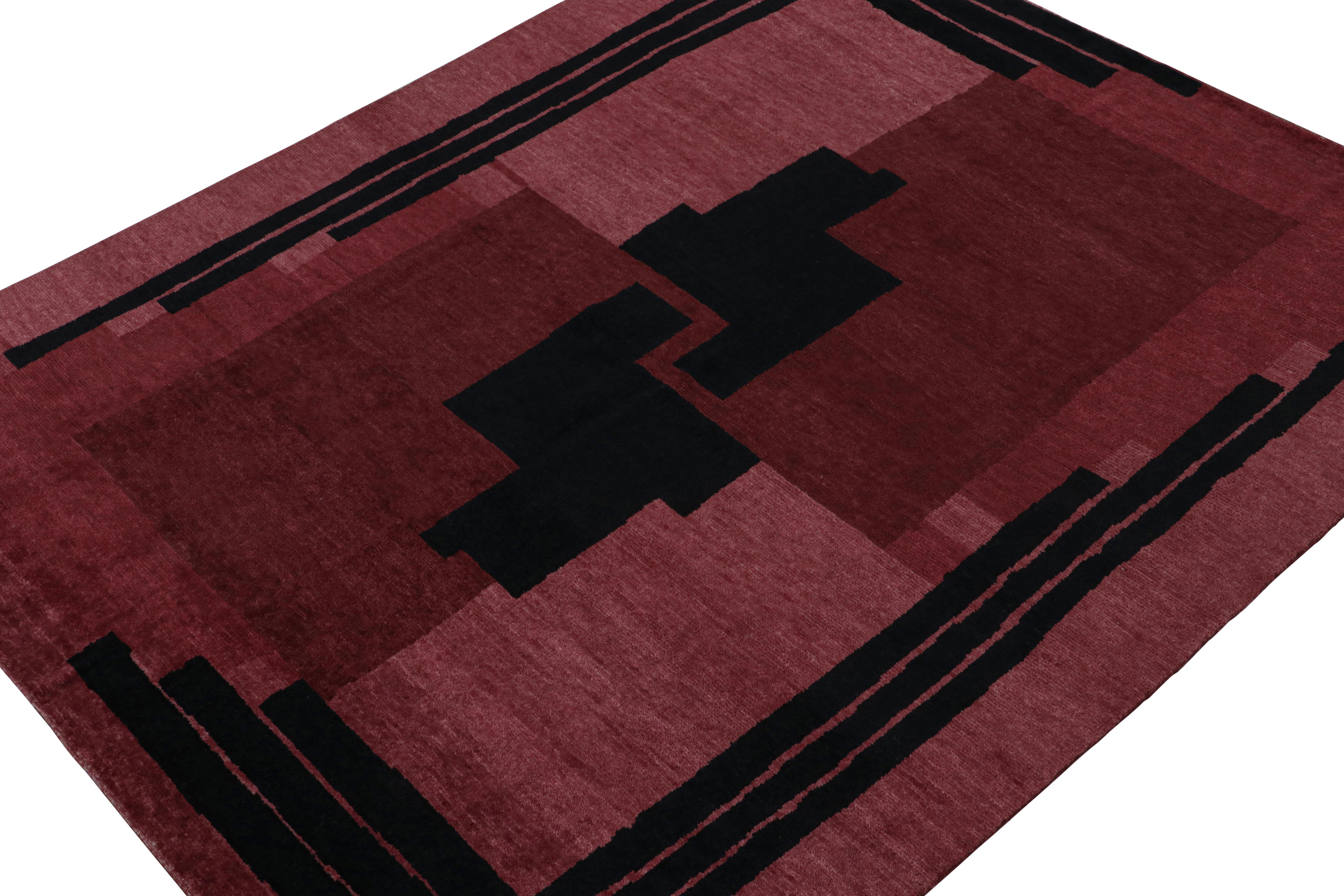 Hand knotted in wool, this 8x10 modern rug is an exciting new addition to the French Art Deco rug collection by Rug & Kilim.

On the design

This piece is inspired by the same European style of the 1920s, and enjoys bordeaux and burgundy red field