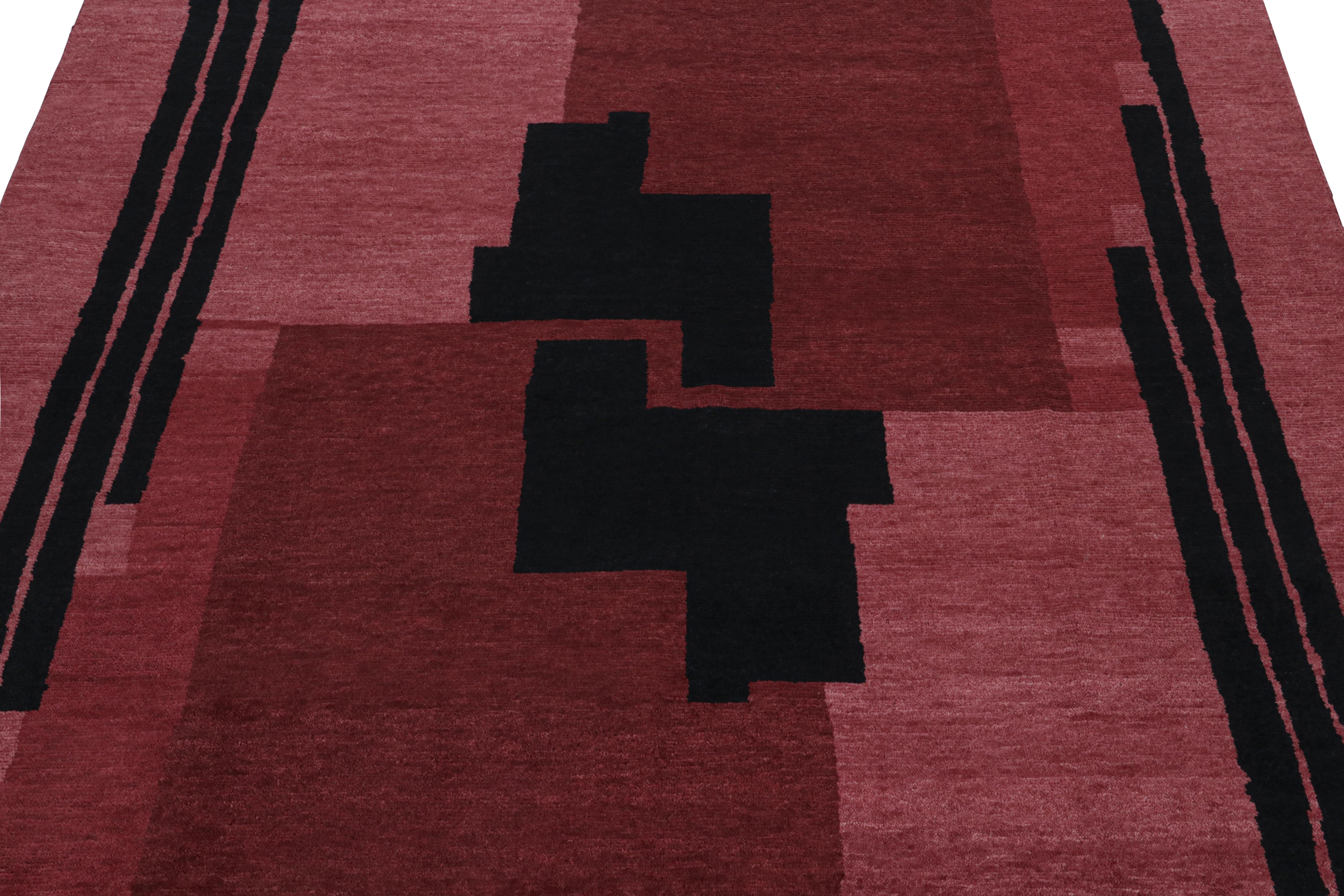 Indian Rug & Kilim’s French Art Deco style rug in Red with Black Geometric Patterns For Sale