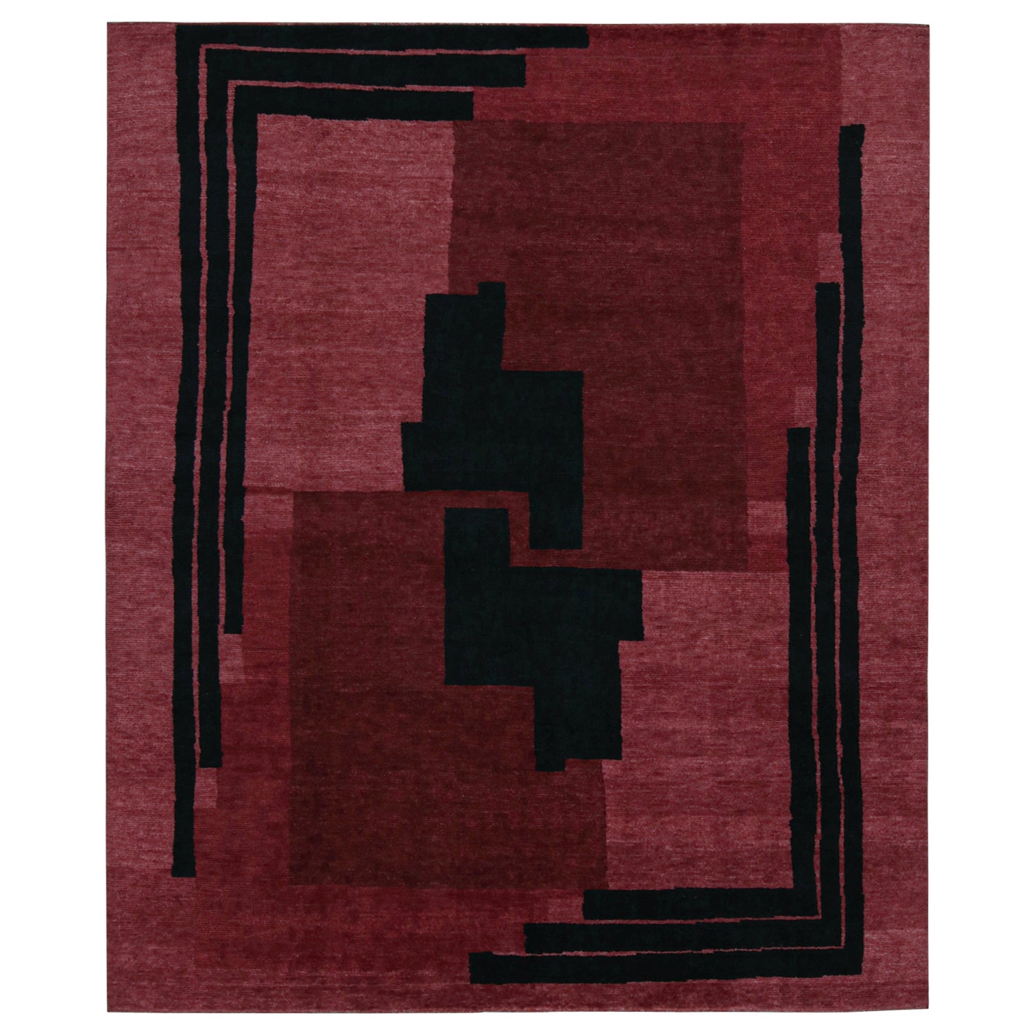 Rug & Kilim's französischer Art-Deco-Teppich in Rot mit schwarzen, geometrischen Mustern im Angebot
