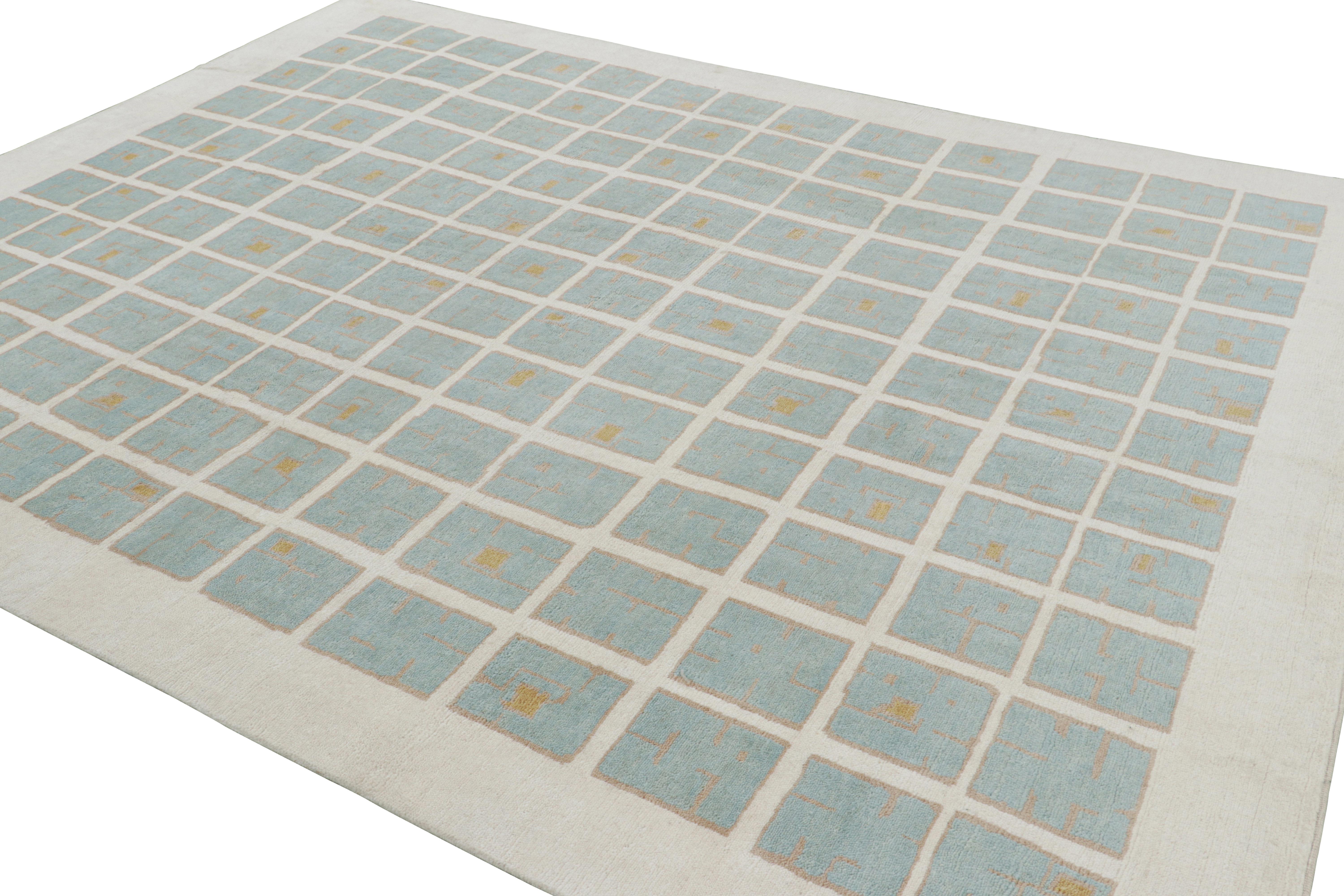 Annodato a mano Rug & Kilim è un tappeto francese in stile Art Deco con motivi geometrici in bianco e blu in vendita
