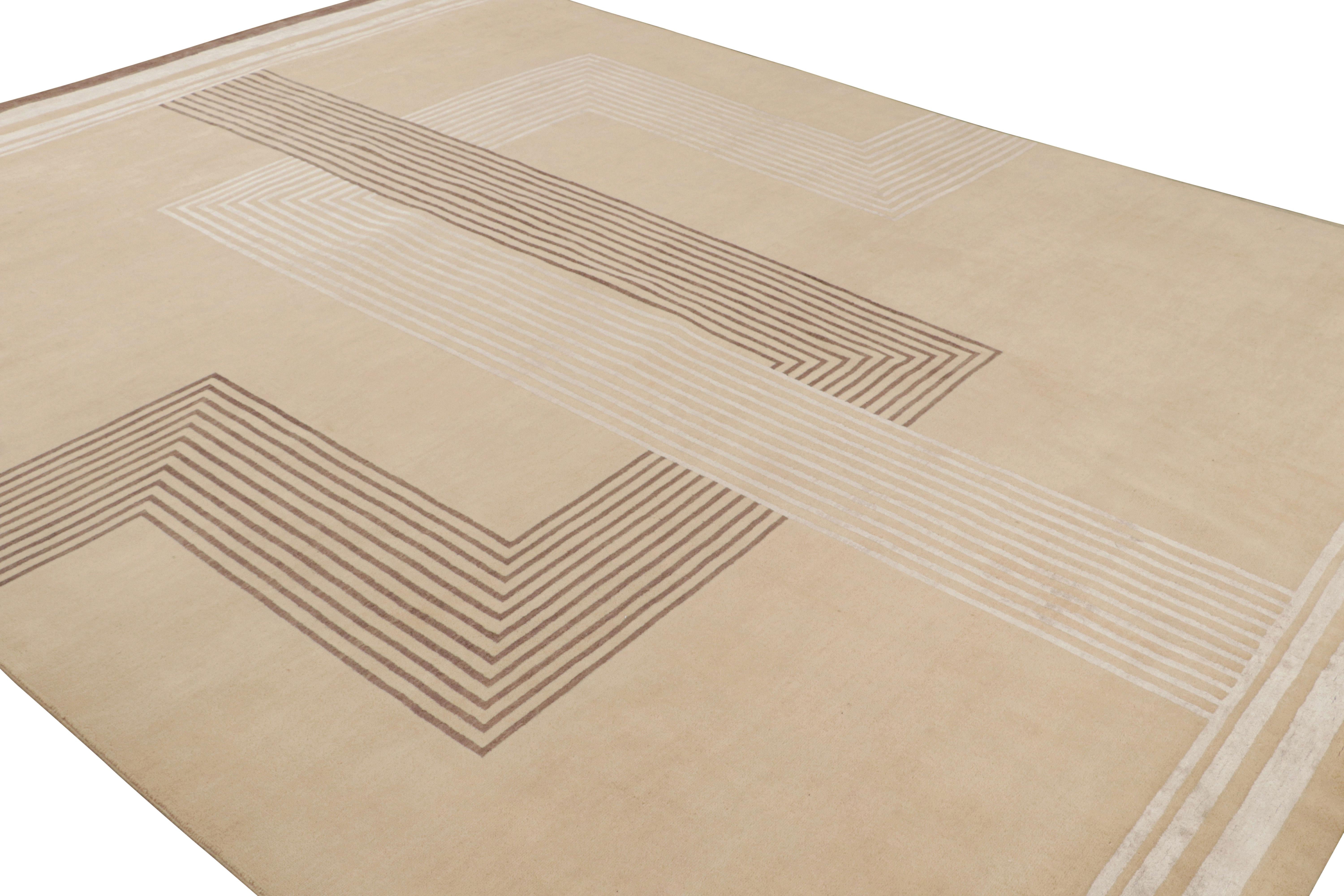 Hand-knotted in wool and silk, this 10x14 modern rug by Rug & Kilim is a new addition to the French Art Deco rug line.

On the Design: 

For this particular rug, beige underscores cubist rectilinear geometric patterns and triangles in chocolate