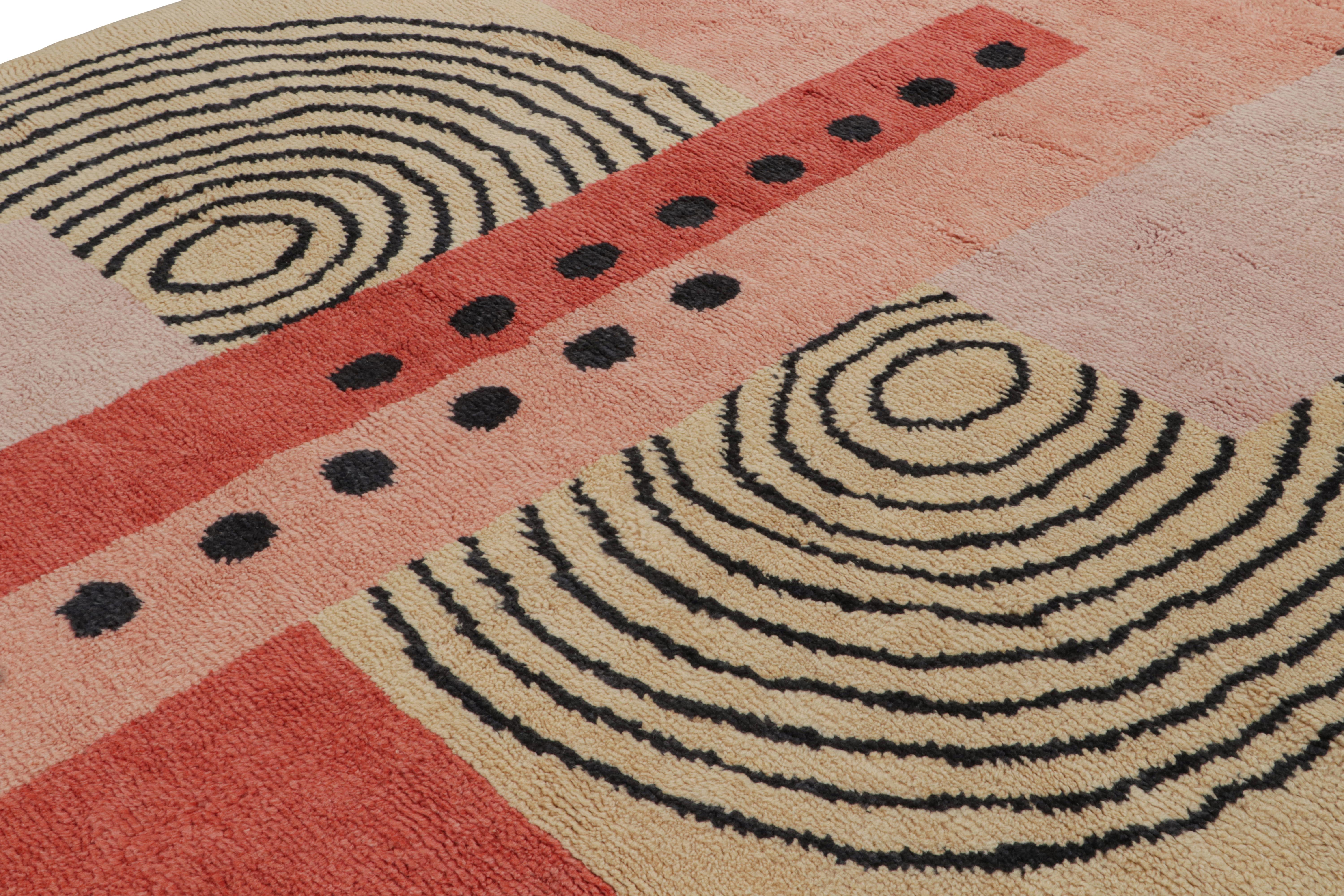 Indian Rug & Kilim’s French Art Deco style Rug, with Pink and Black Geometric Patterns For Sale