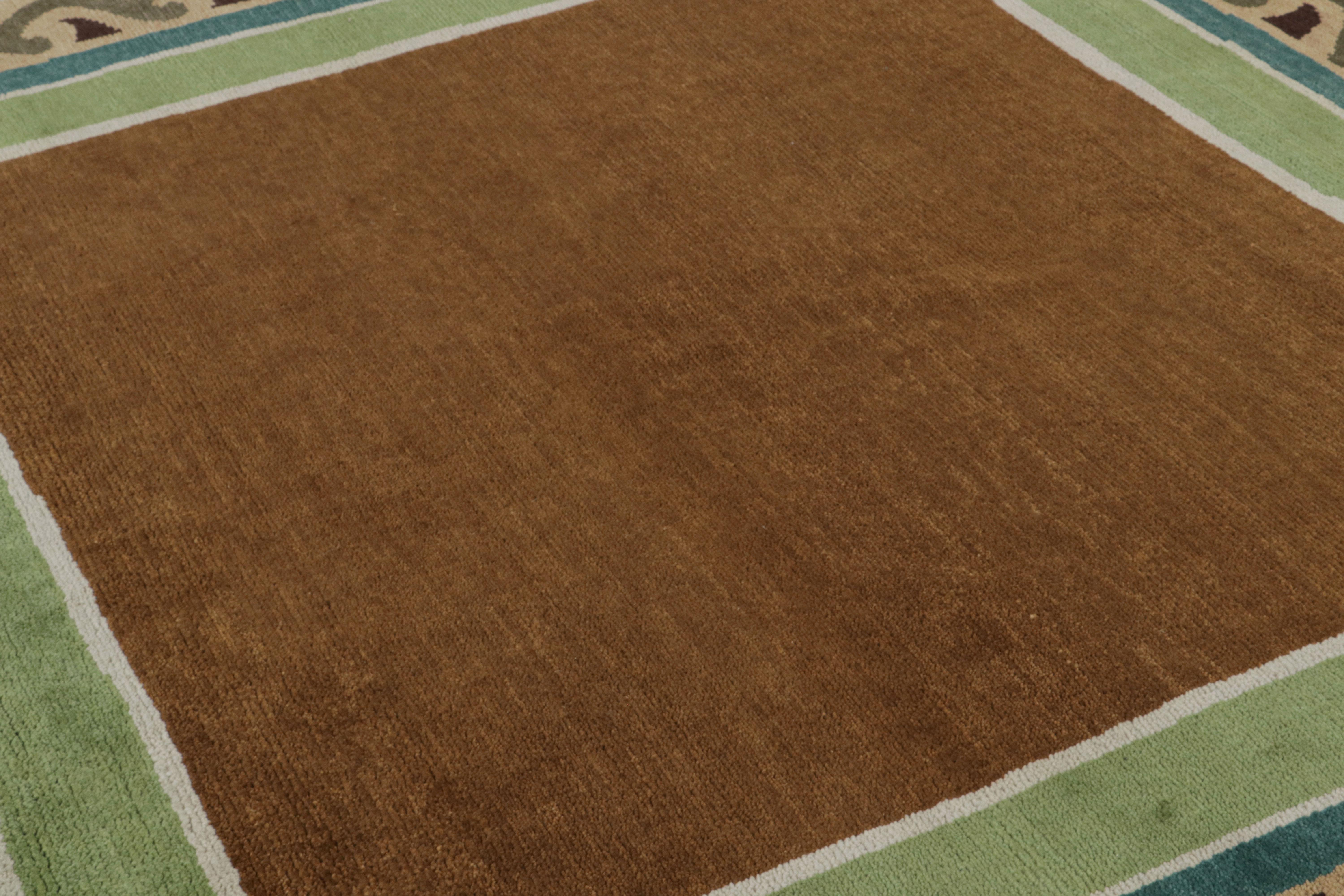 Rug & Kilim’s French Art Deco style Square Rug with Brown Open Field In New Condition For Sale In Long Island City, NY