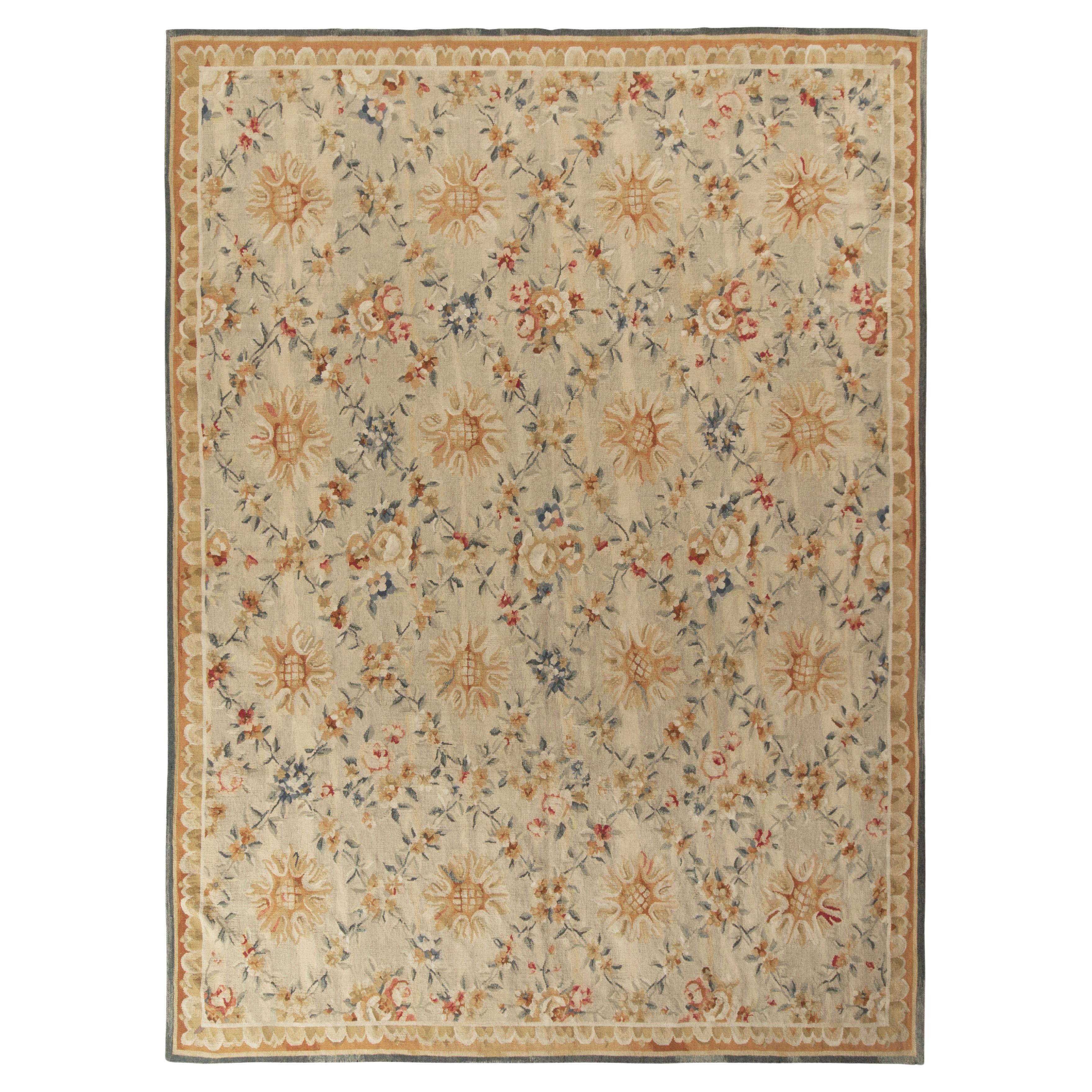 Rug & Kilim’s French Aubusson Style Flat Weave, Beige/Brown, Floral Pattern For Sale