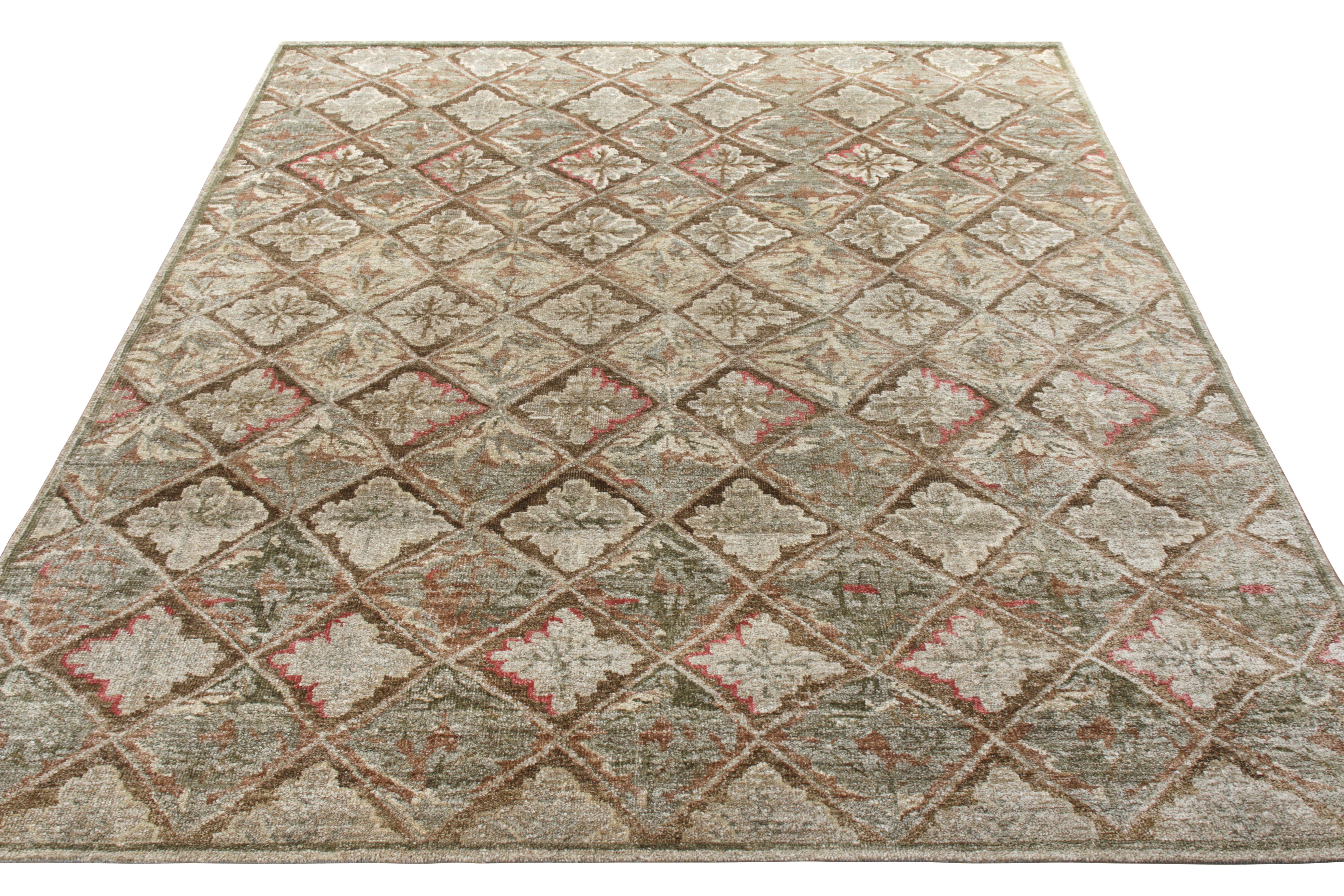 Rug & Kilim presents an 8x10 rug inspired by 18th century Aubusson rugs in the new additions to their European Collection. 

Hand-knotted in wool and silk, its design is an all-over pattern with diamond trellises and floral motifs in green and
